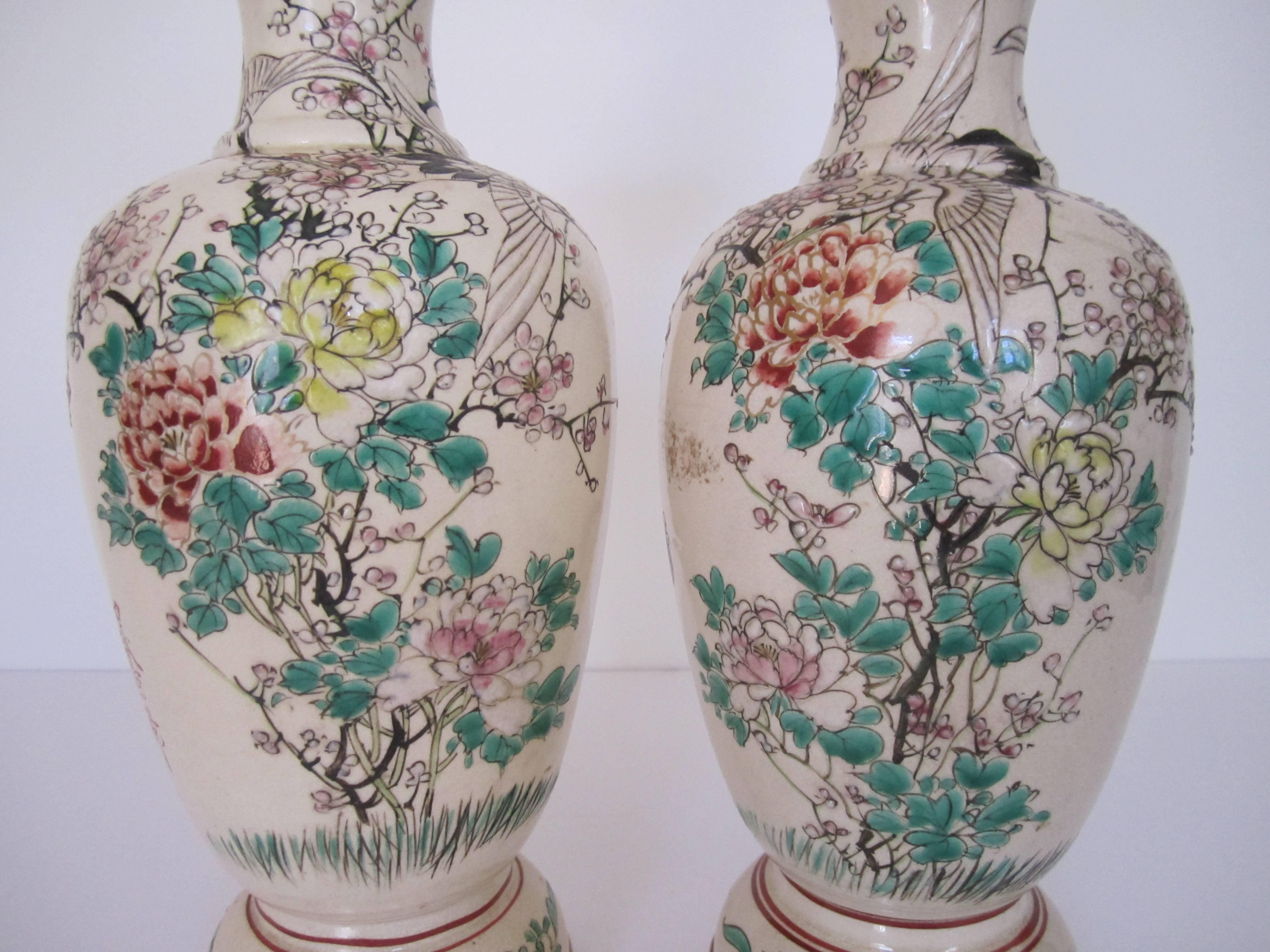 Japanese Earthenware Vases with Birds and Butterflies, Pair  For Sale 1