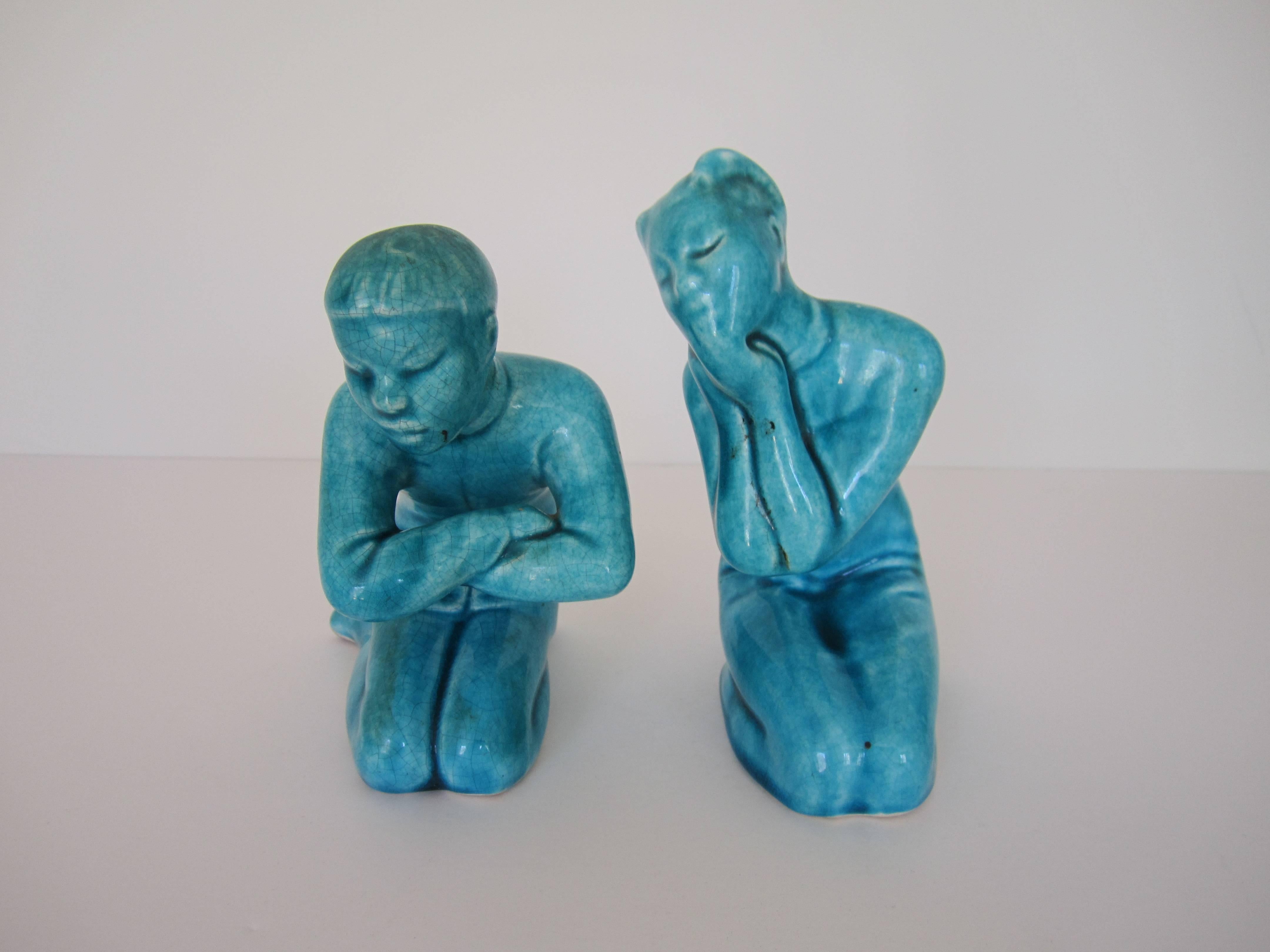 Japanese Pair of Mid-20th Century Turquoise Blue Asian Figural Ceramic Sculptures