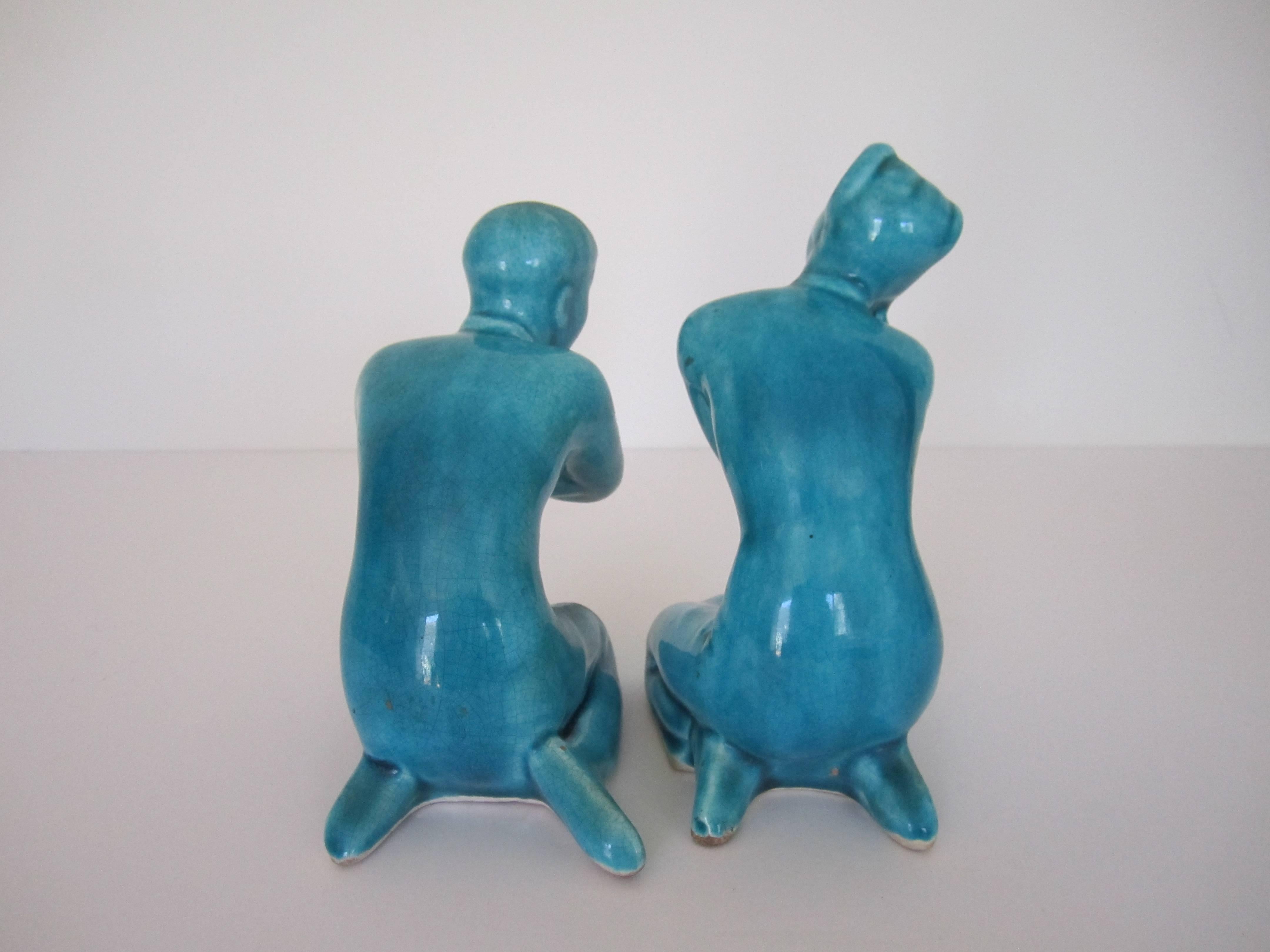 Pair of Mid-20th Century Turquoise Blue Asian Figural Ceramic Sculptures In Excellent Condition In New York, NY