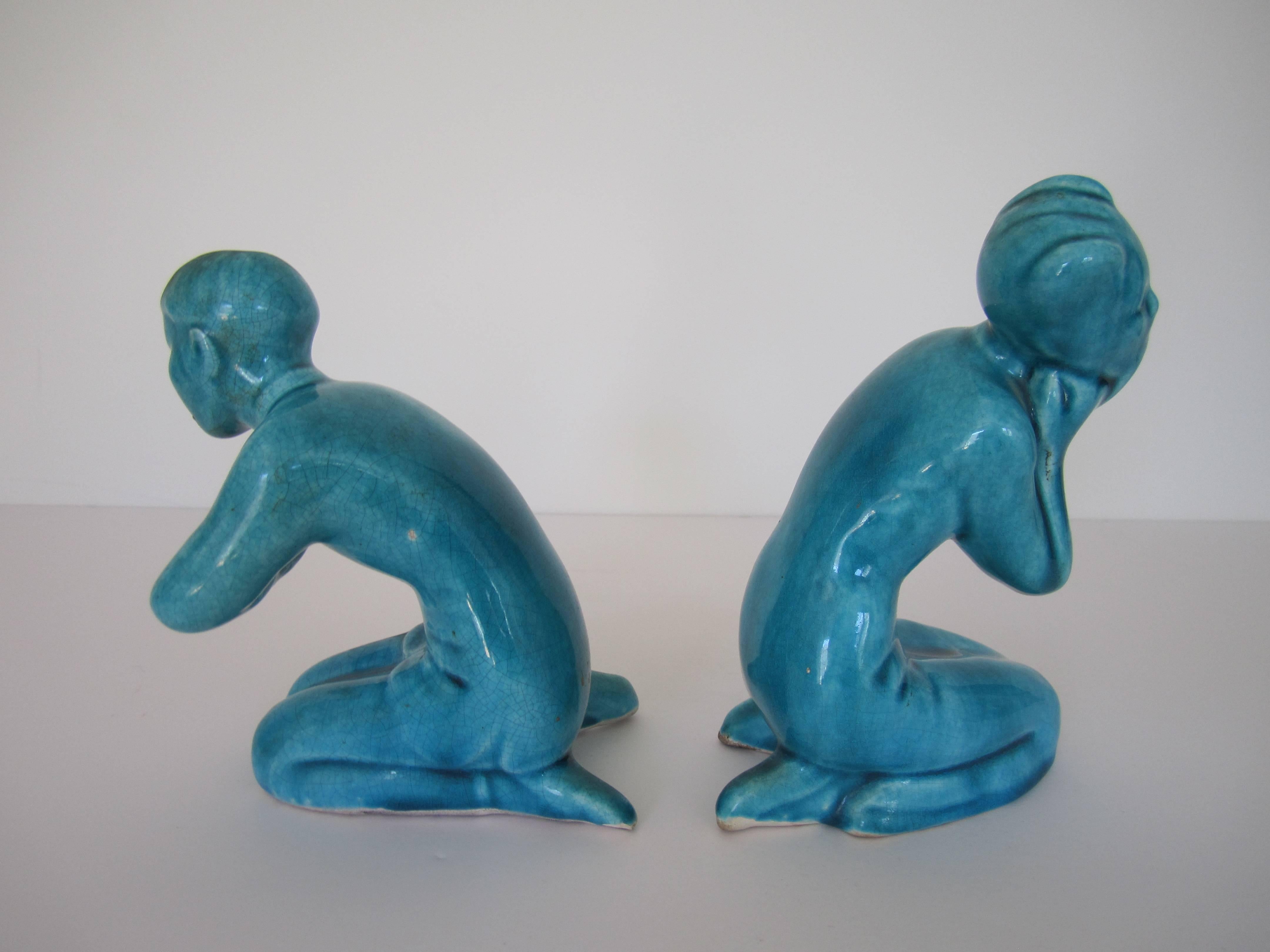Porcelain Pair of Mid-20th Century Turquoise Blue Asian Figural Ceramic Sculptures