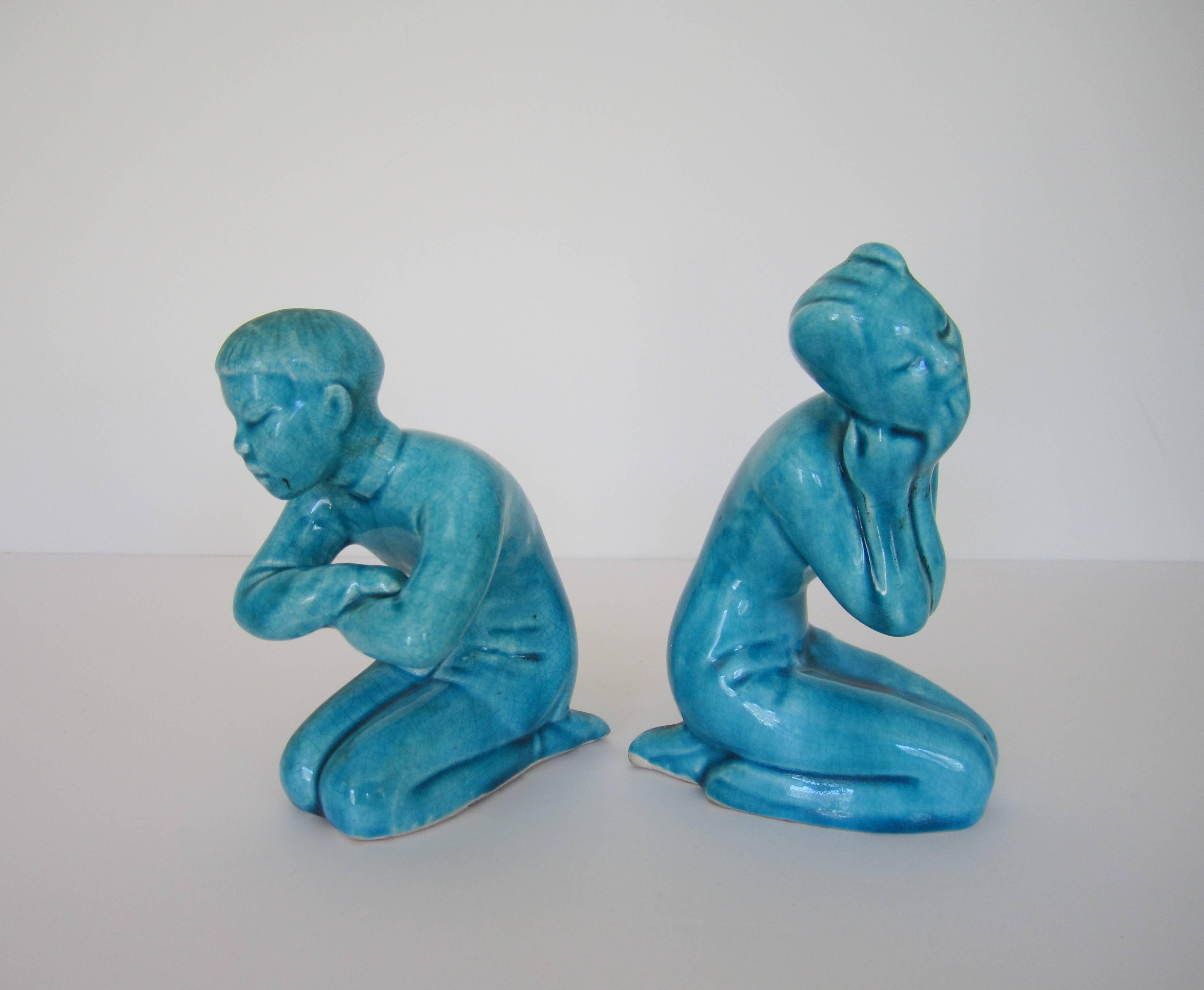 Pair of Mid-20th Century Turquoise Blue Asian Figural Ceramic Sculptures 1