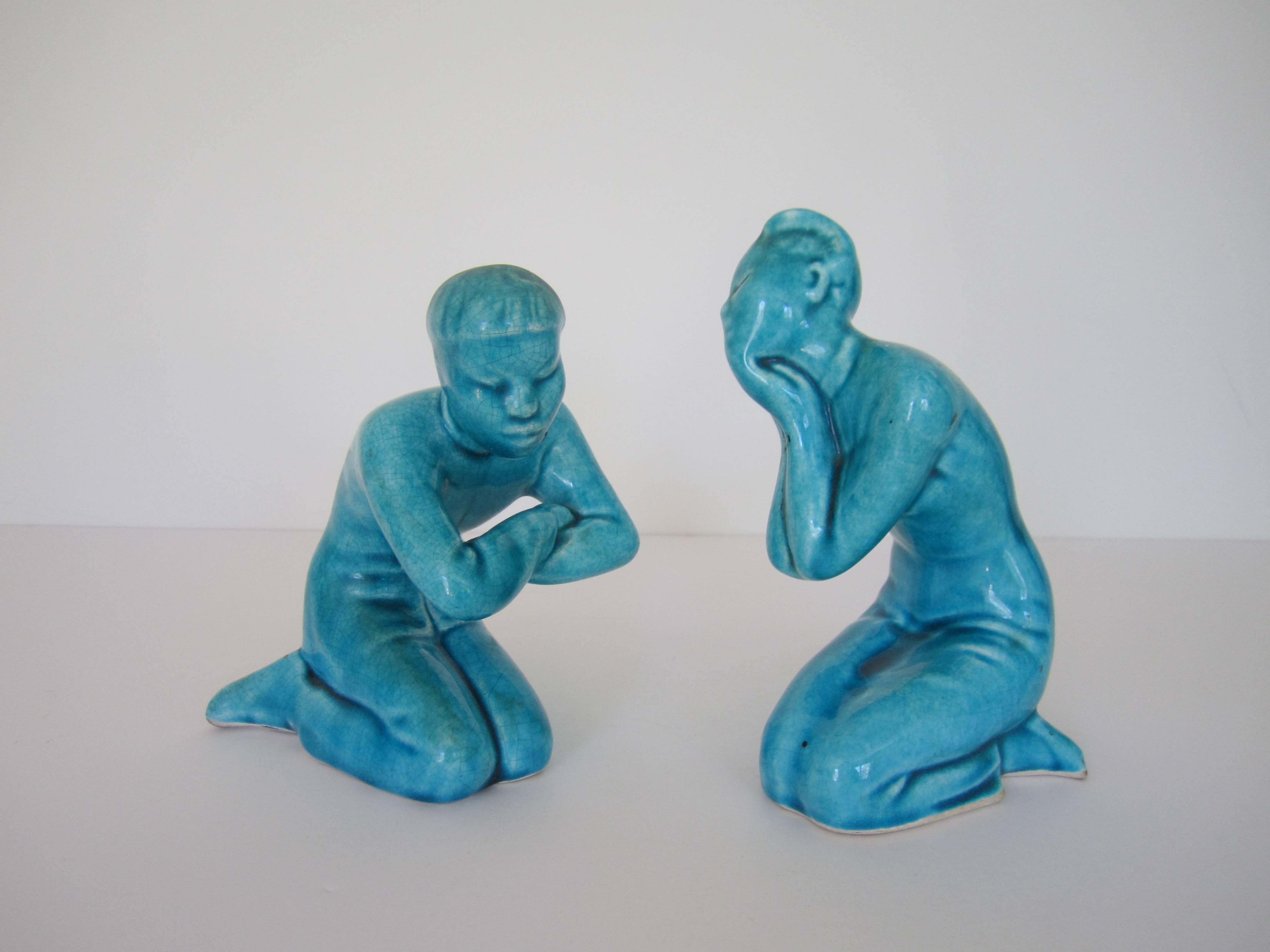 Pair of Mid-20th Century Turquoise Blue Asian Figural Ceramic Sculptures 2