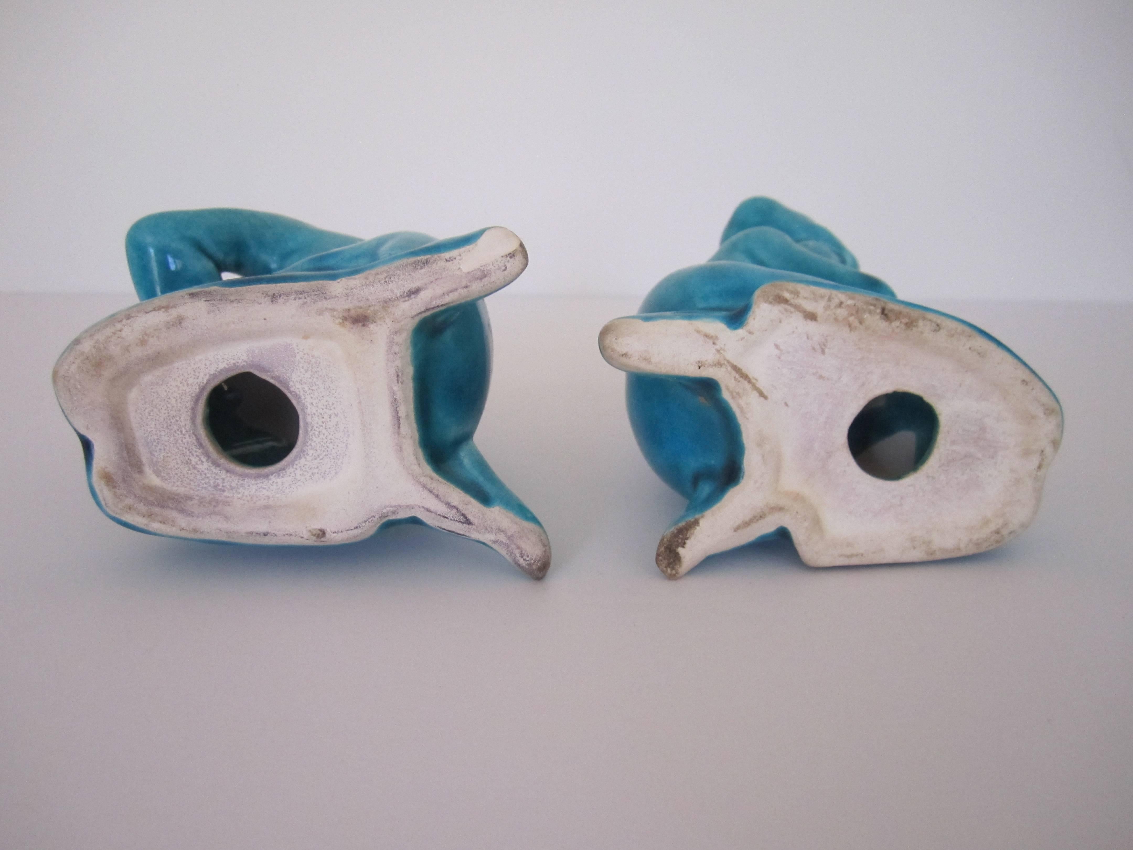 Pair of Mid-20th Century Turquoise Blue Asian Figural Ceramic Sculptures 3