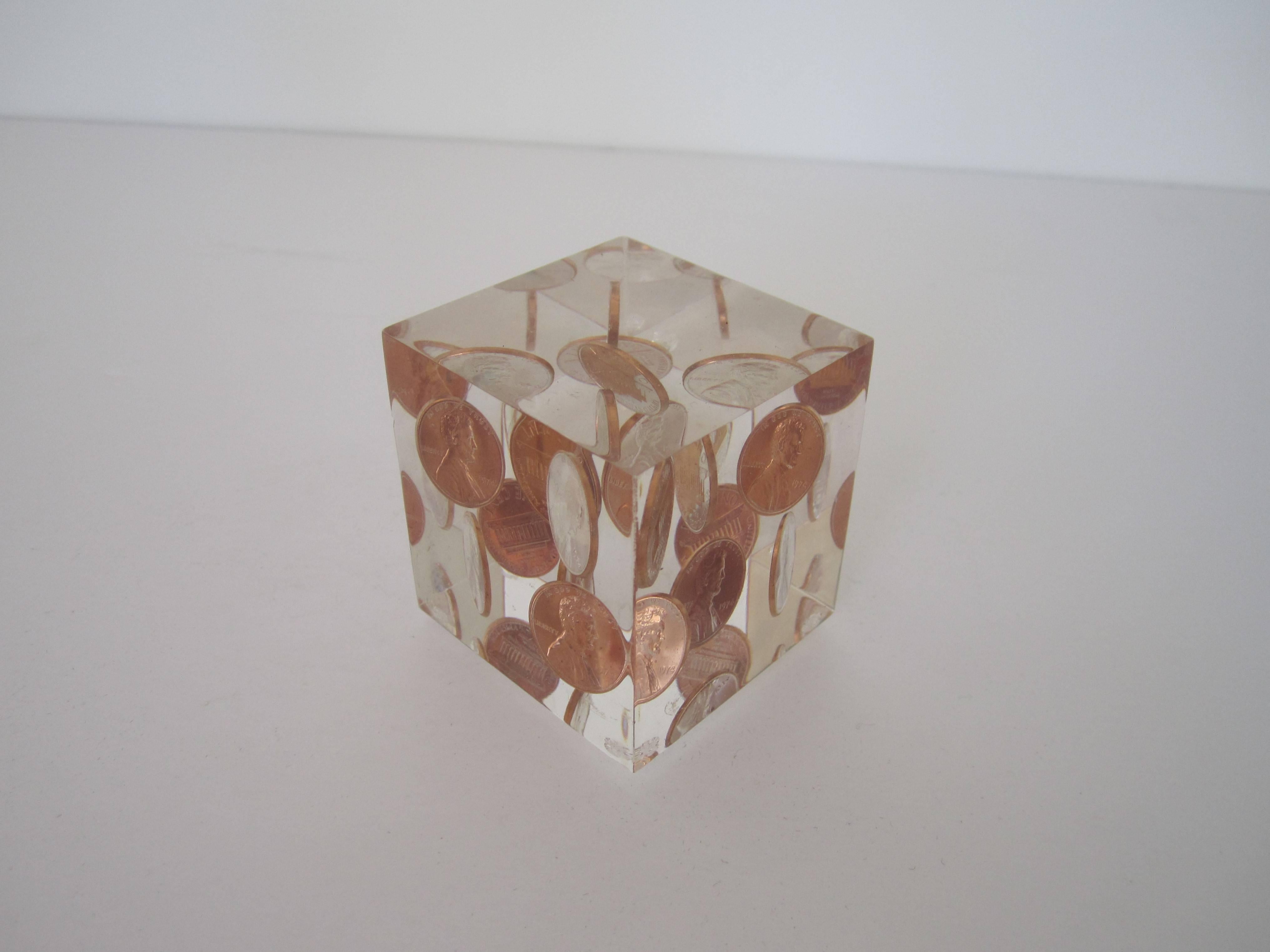 Modern Vintage Lucite and Copper Penny Paperweight, circa 1974