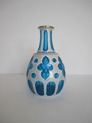 Czech Bohemian Blue and White Vase Overlay Cut Art Glass