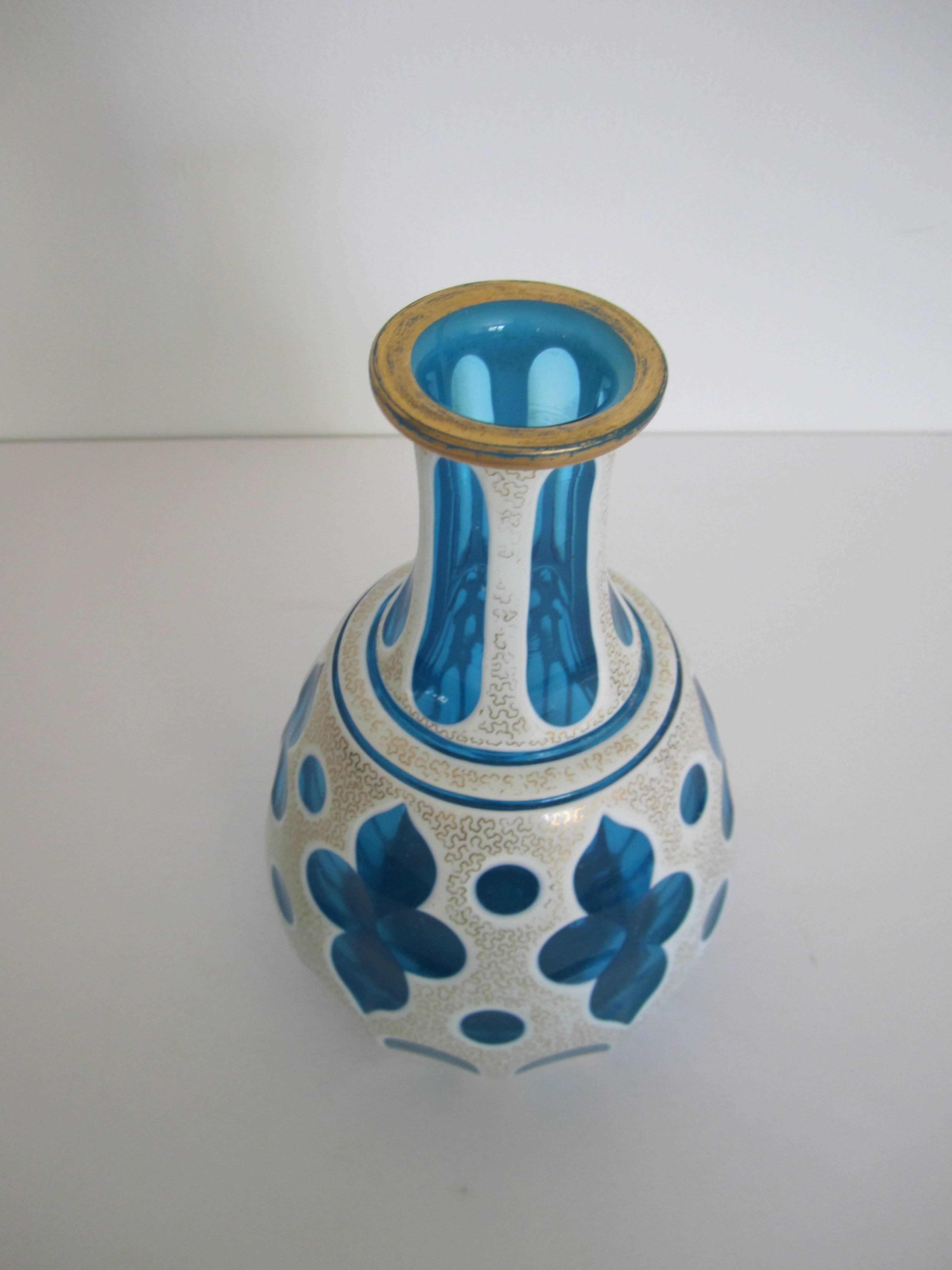 Czech Bohemian Blue and White Vase Overlay Cut Art Glass For Sale 3