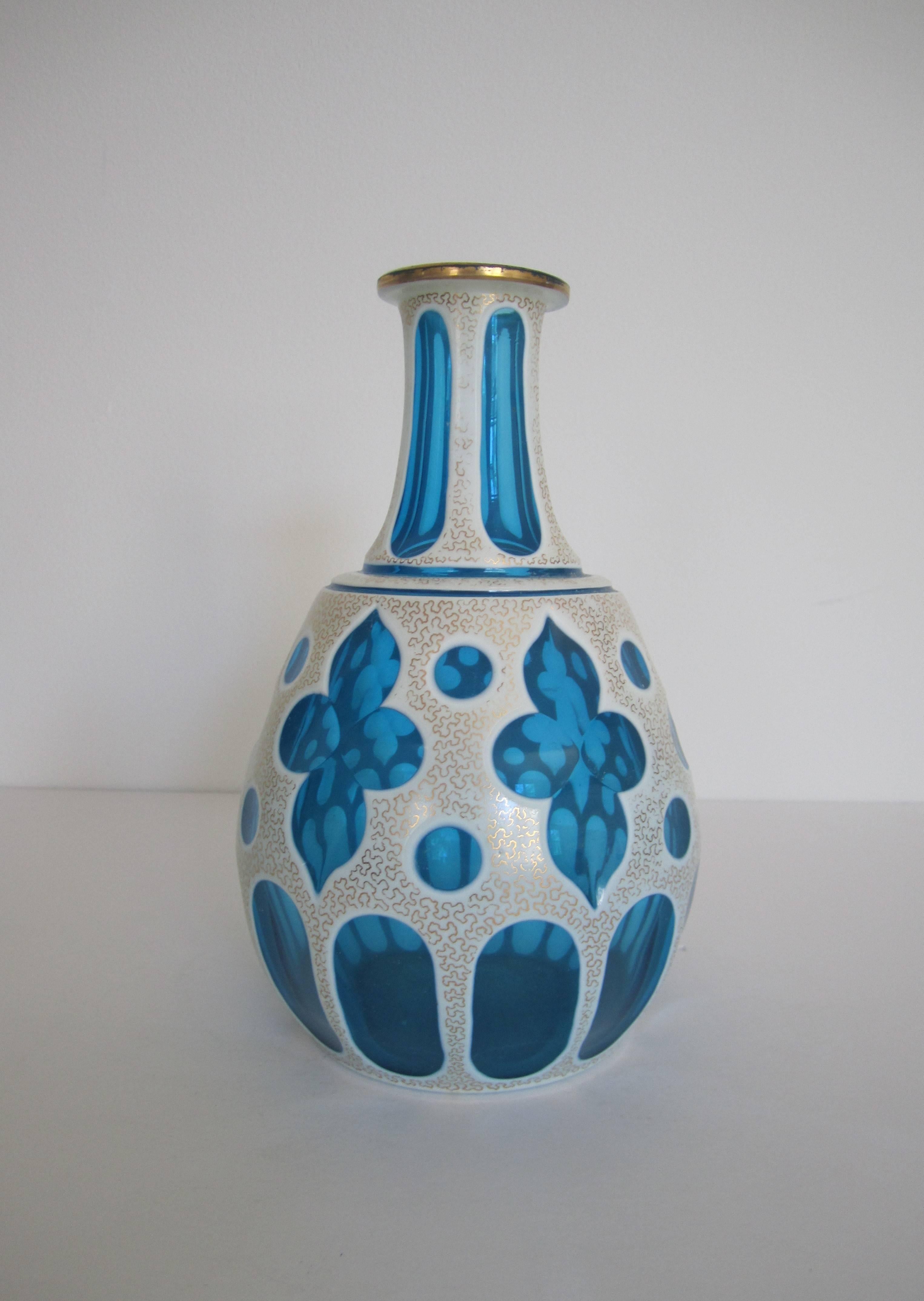 Czech Bohemian Blue and White Vase Overlay Cut Art Glass For Sale 2