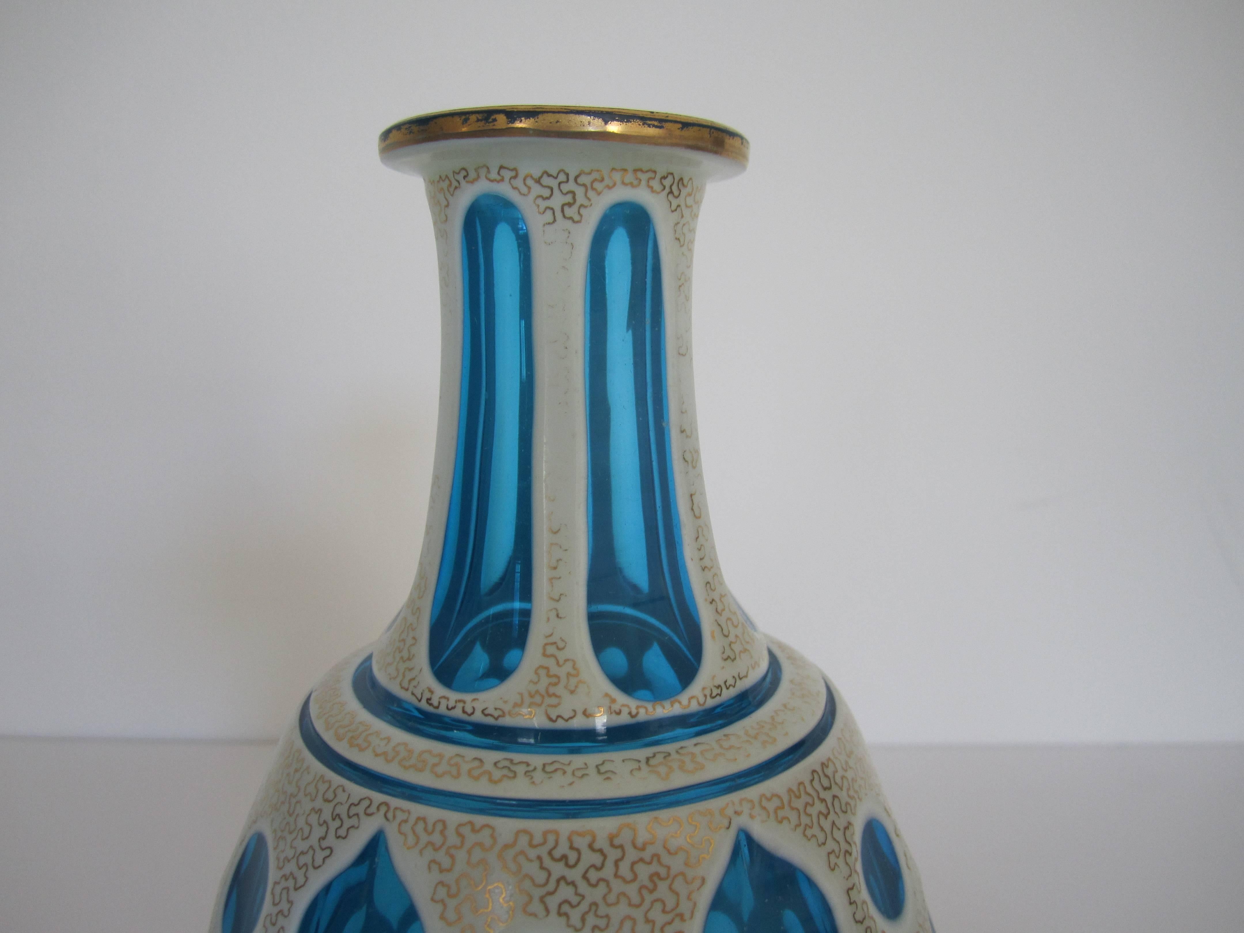 Czech Bohemian Blue and White Vase Overlay Cut Art Glass For Sale 4