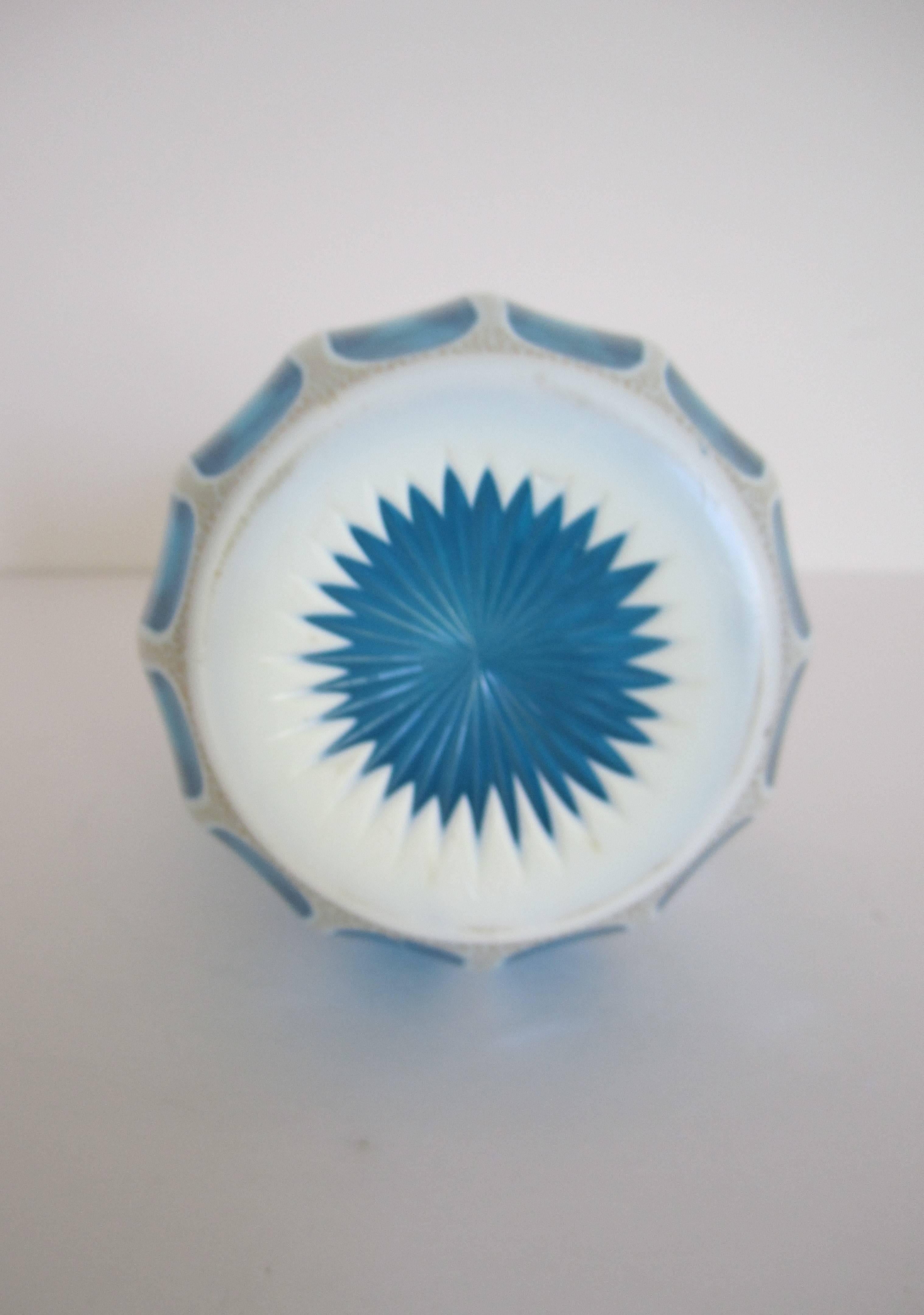 Czech Bohemian Blue and White Vase Overlay Cut Art Glass For Sale 3