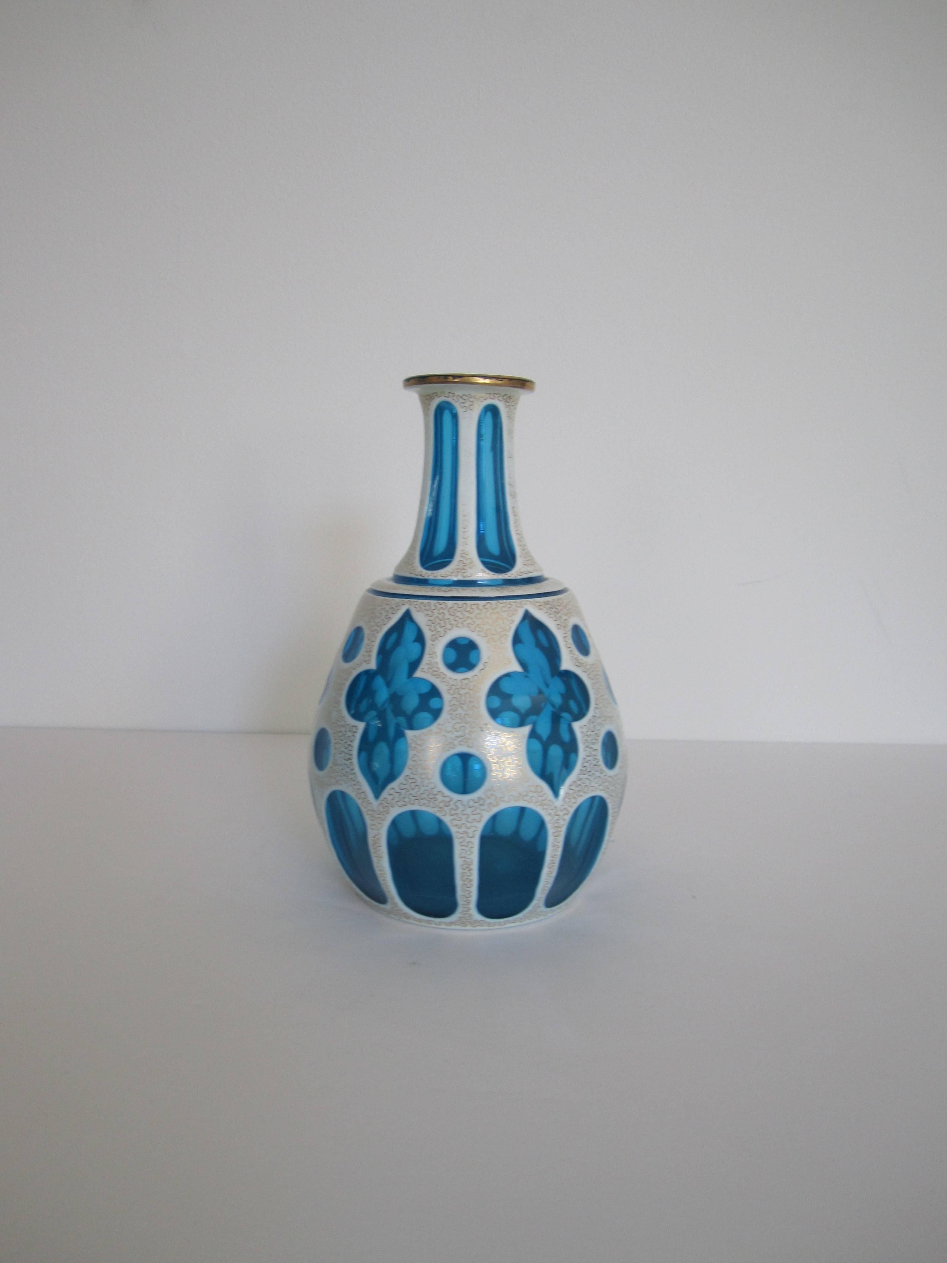 Czech Bohemian Blue and White Vase Overlay Cut Art Glass In Excellent Condition For Sale In New York, NY