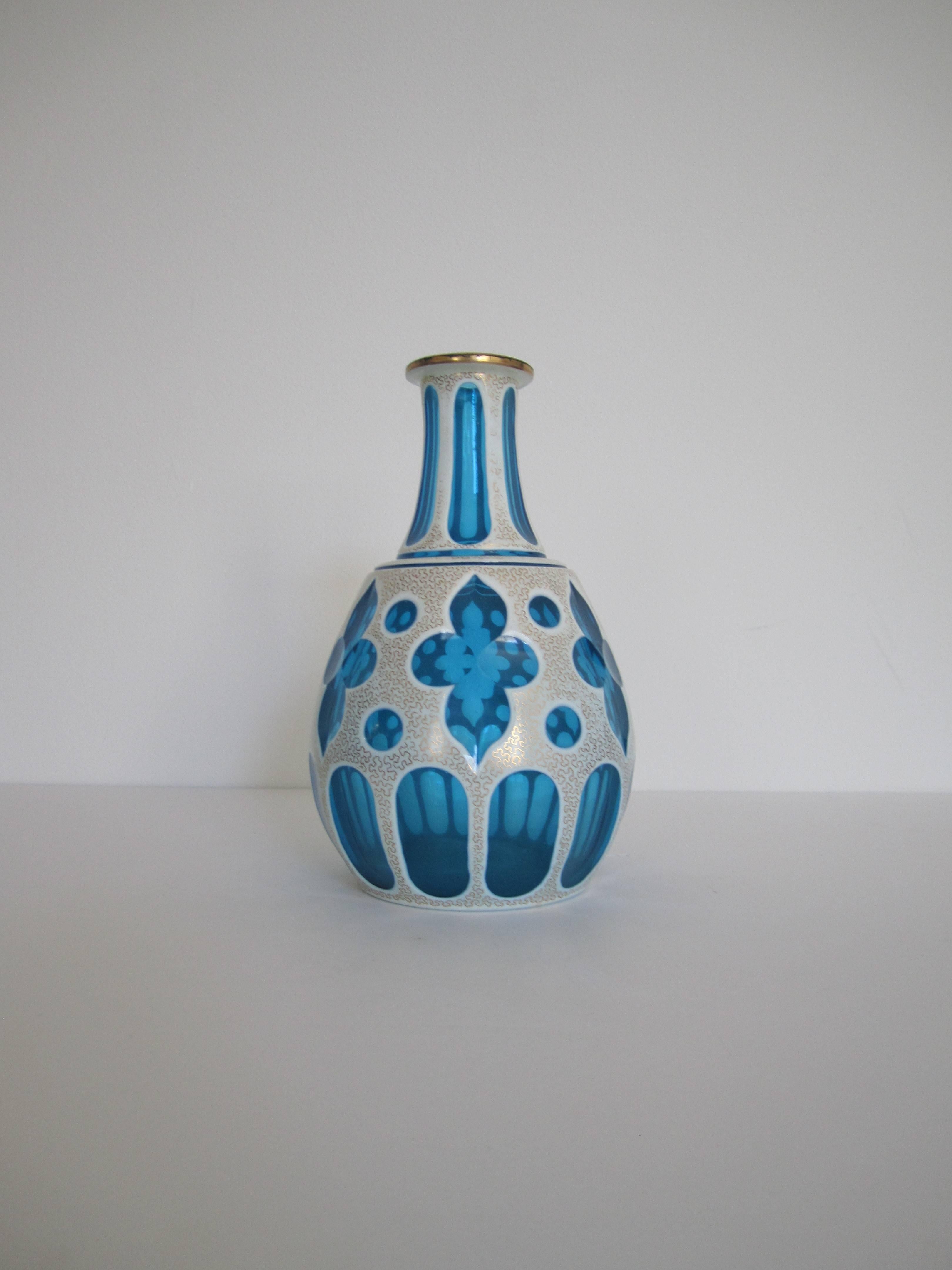 20th Century Czech Bohemian Blue and White Vase Overlay Cut Art Glass For Sale