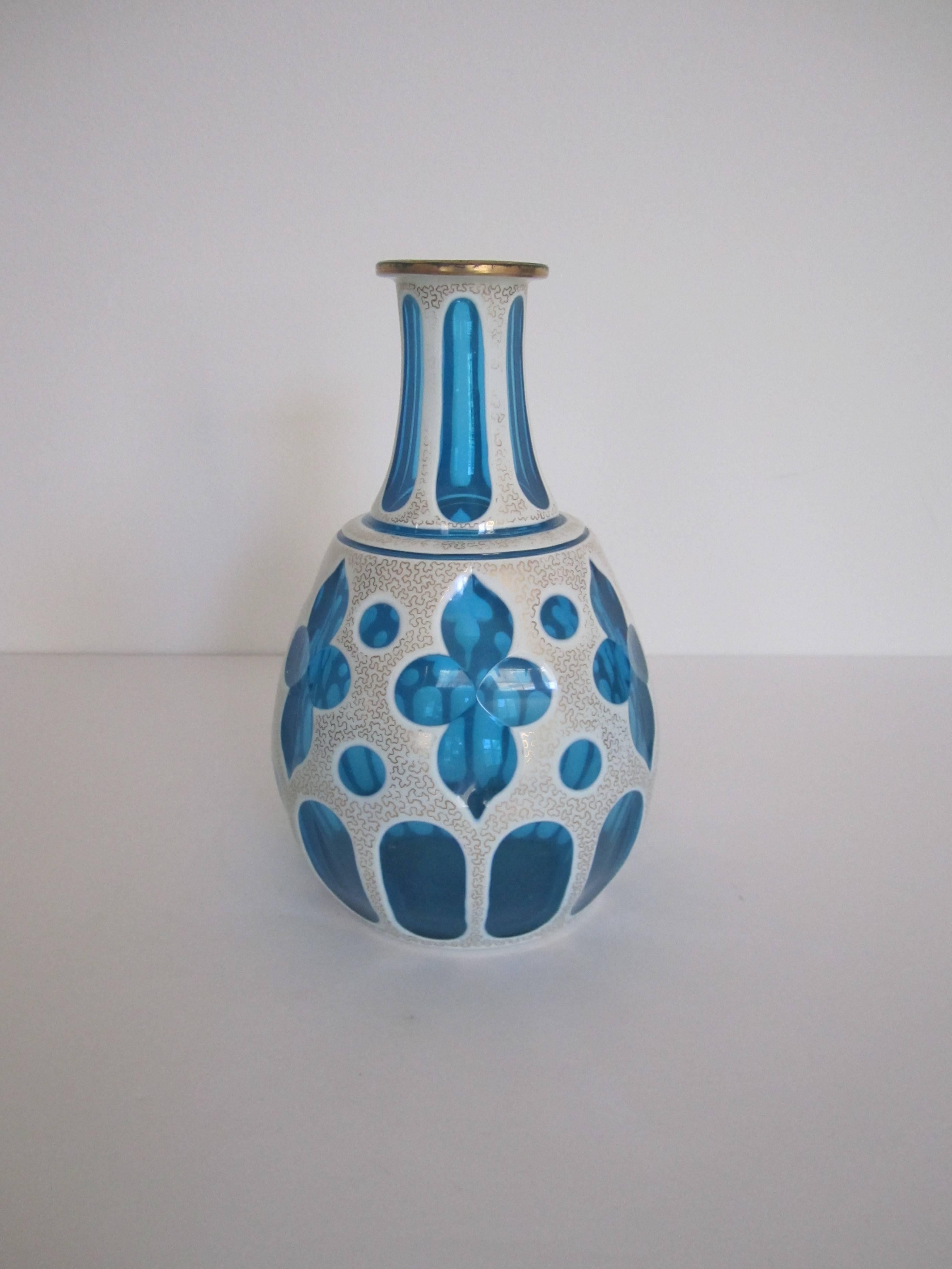 Czech Bohemian Blue and White Vase Overlay Cut Art Glass In Excellent Condition For Sale In New York, NY