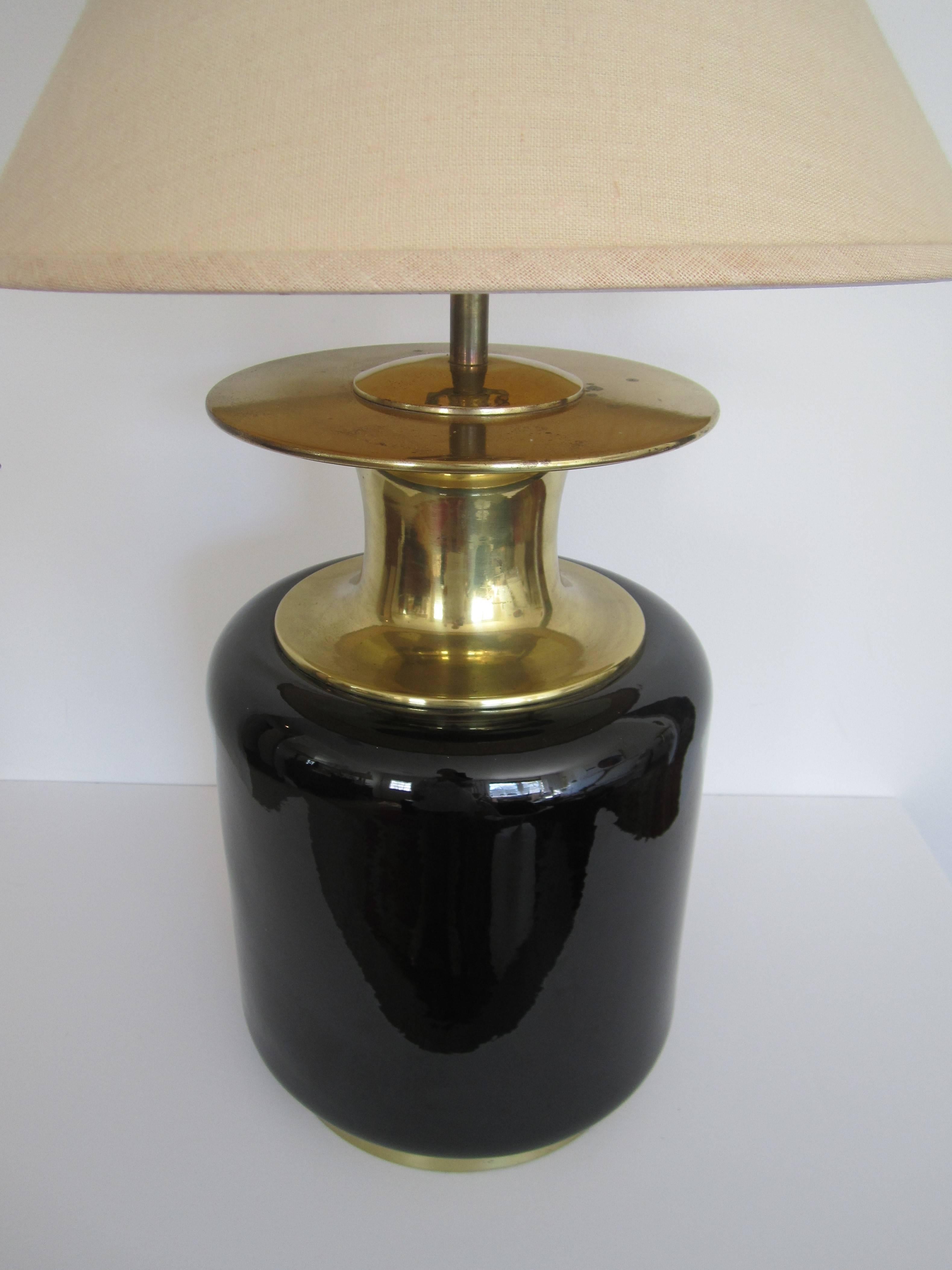 Glazed Black Ceramic and Brass Table Lamp by Champman Postmodern, circa 1980s For Sale
