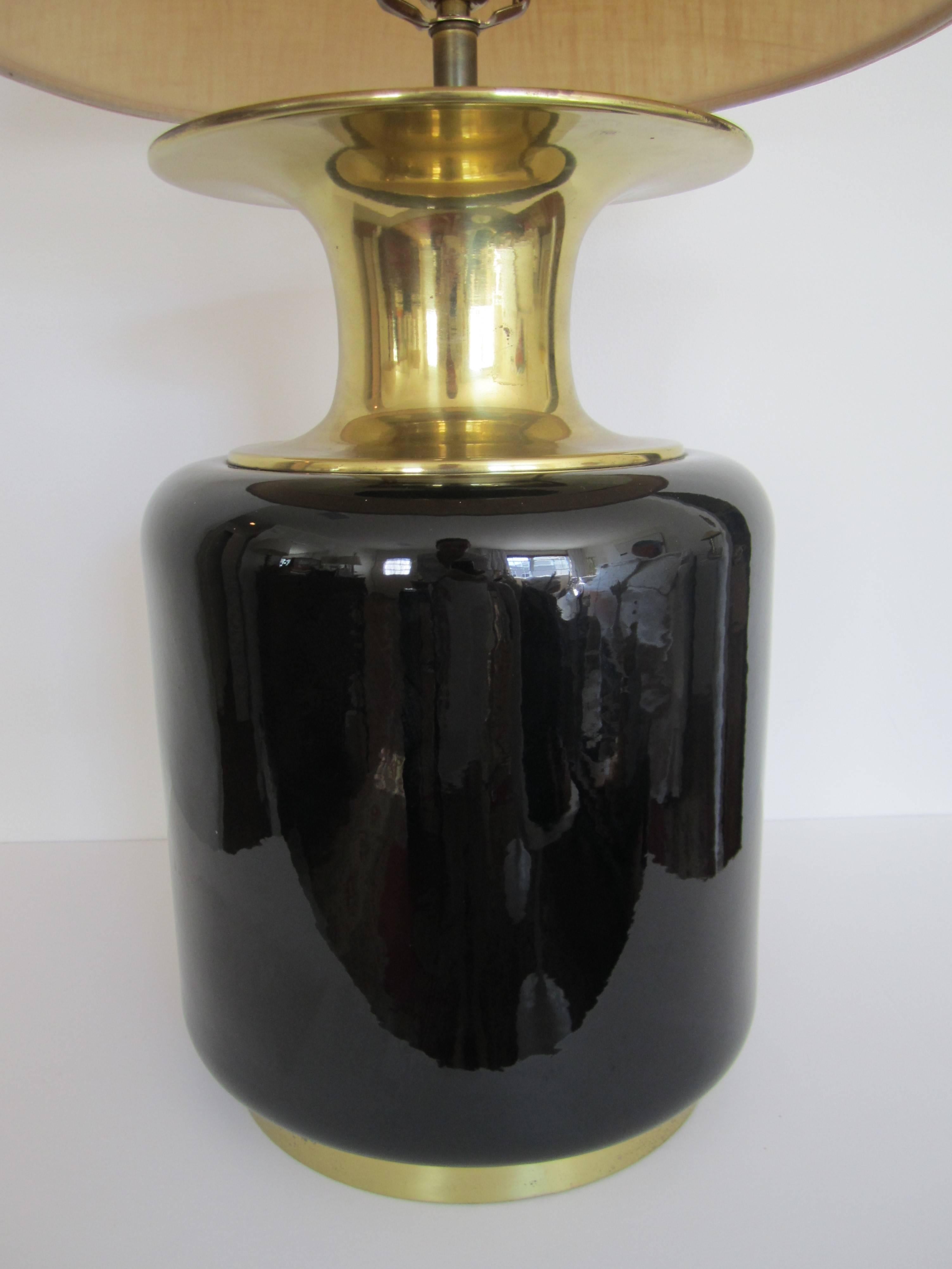 Black Ceramic and Brass Table Lamp by Champman Postmodern, circa 1980s In Good Condition For Sale In New York, NY