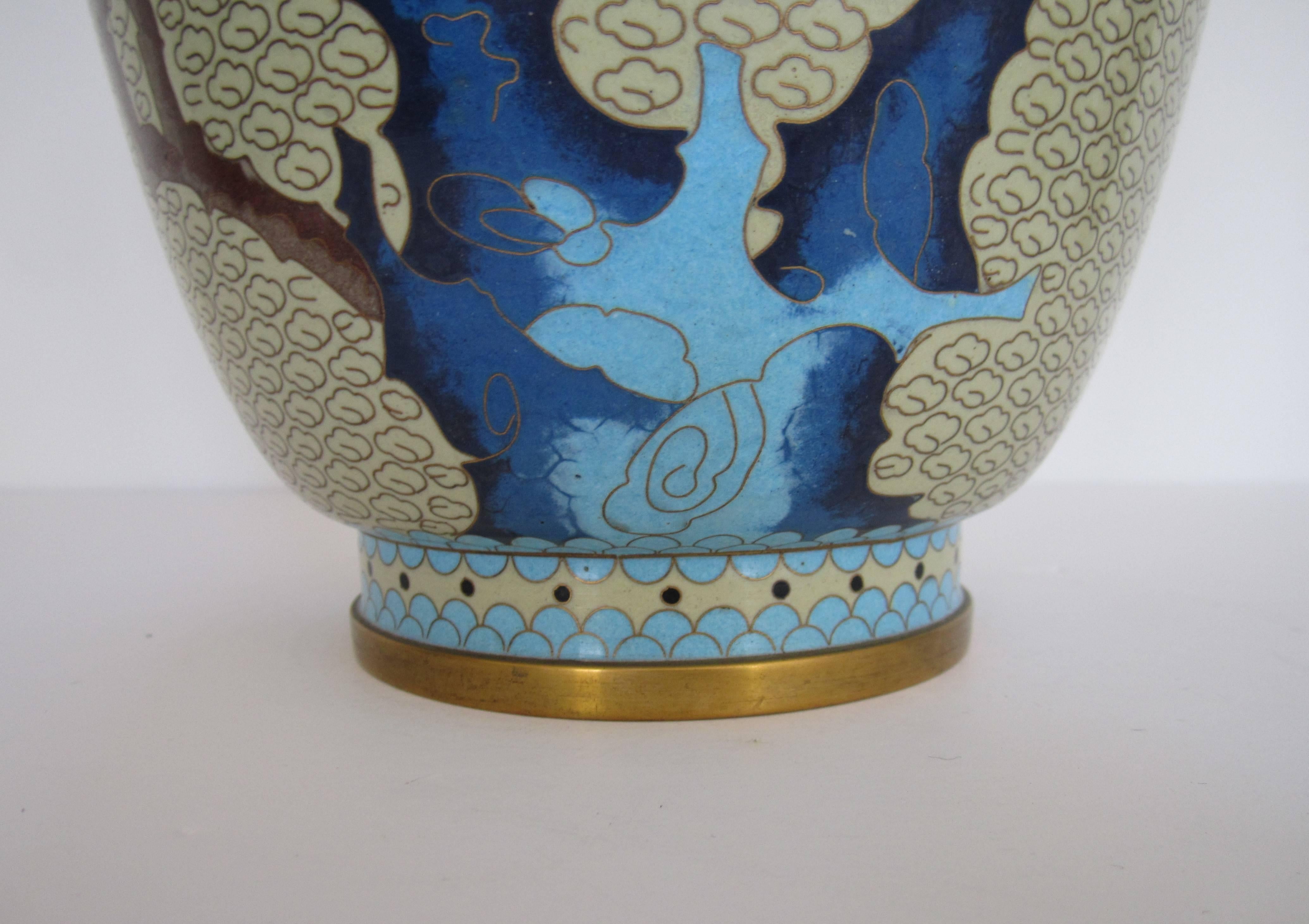 Brass Beautiful Large Vintage Asian Cloisonné Vase with Bird, circa 1970s