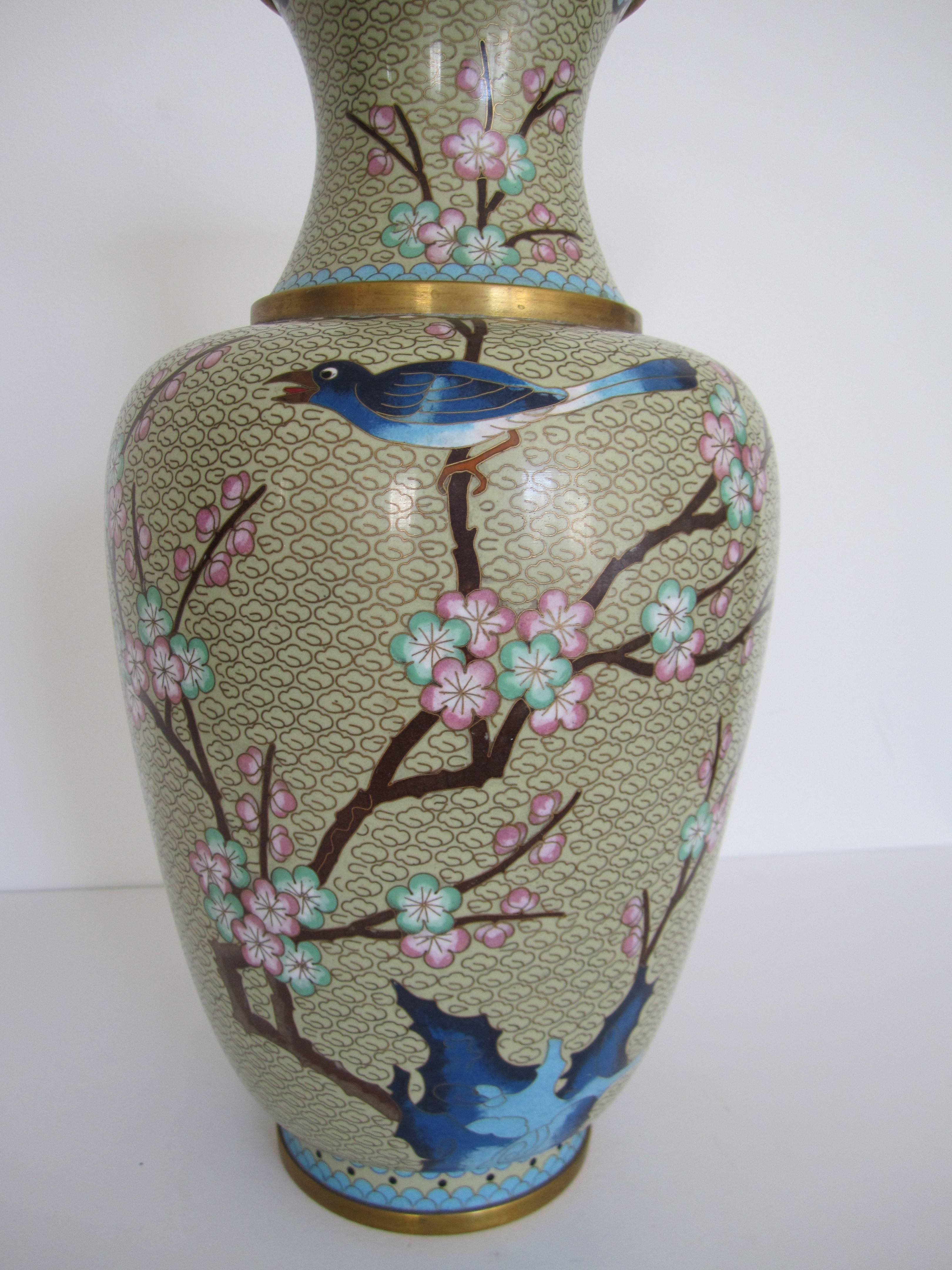Late 20th Century Beautiful Large Vintage Asian Cloisonné Vase with Bird, circa 1970s