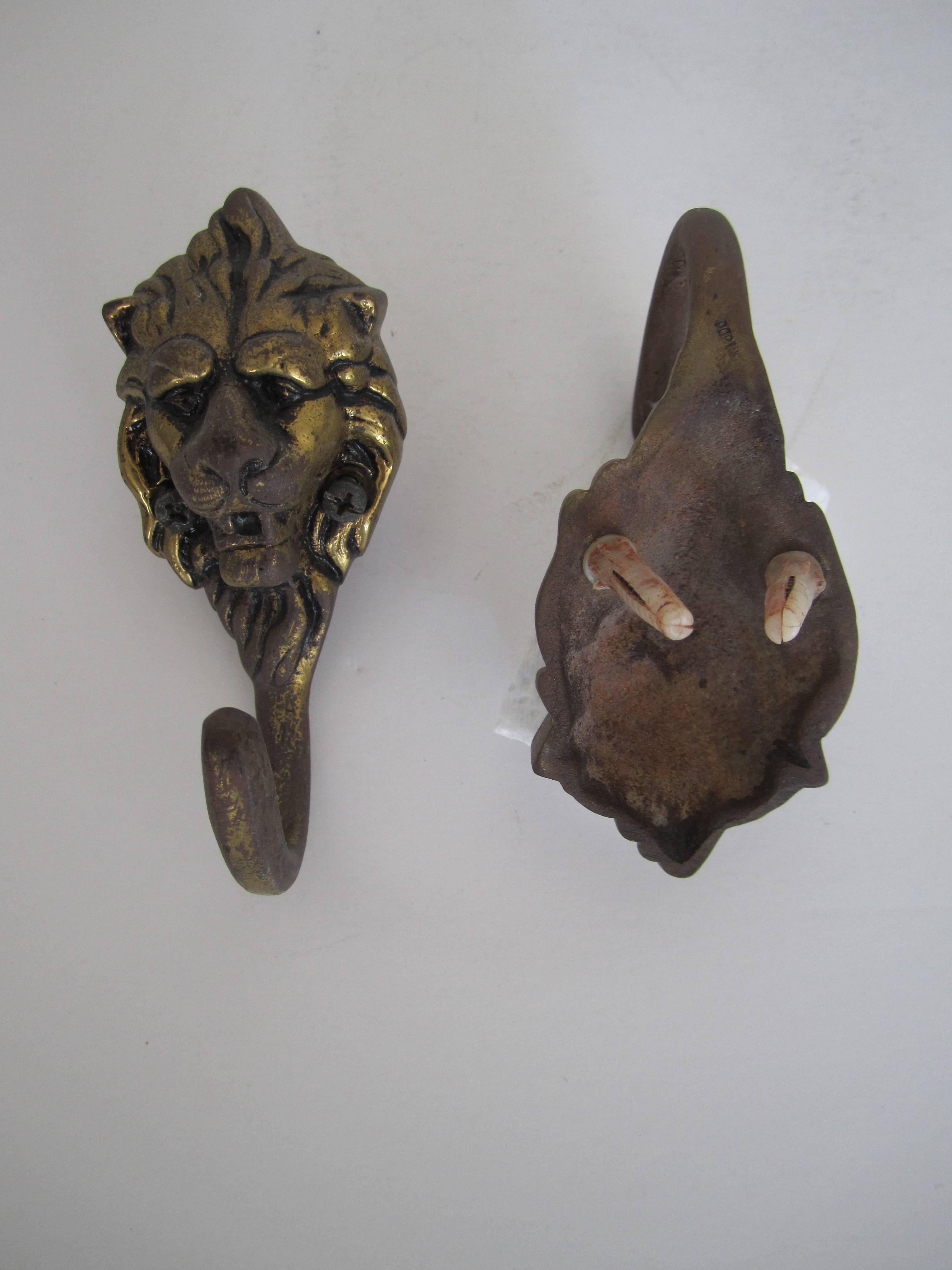 Vintage Pair of European Brass Lion Head Hardware Wall Hooks 3
