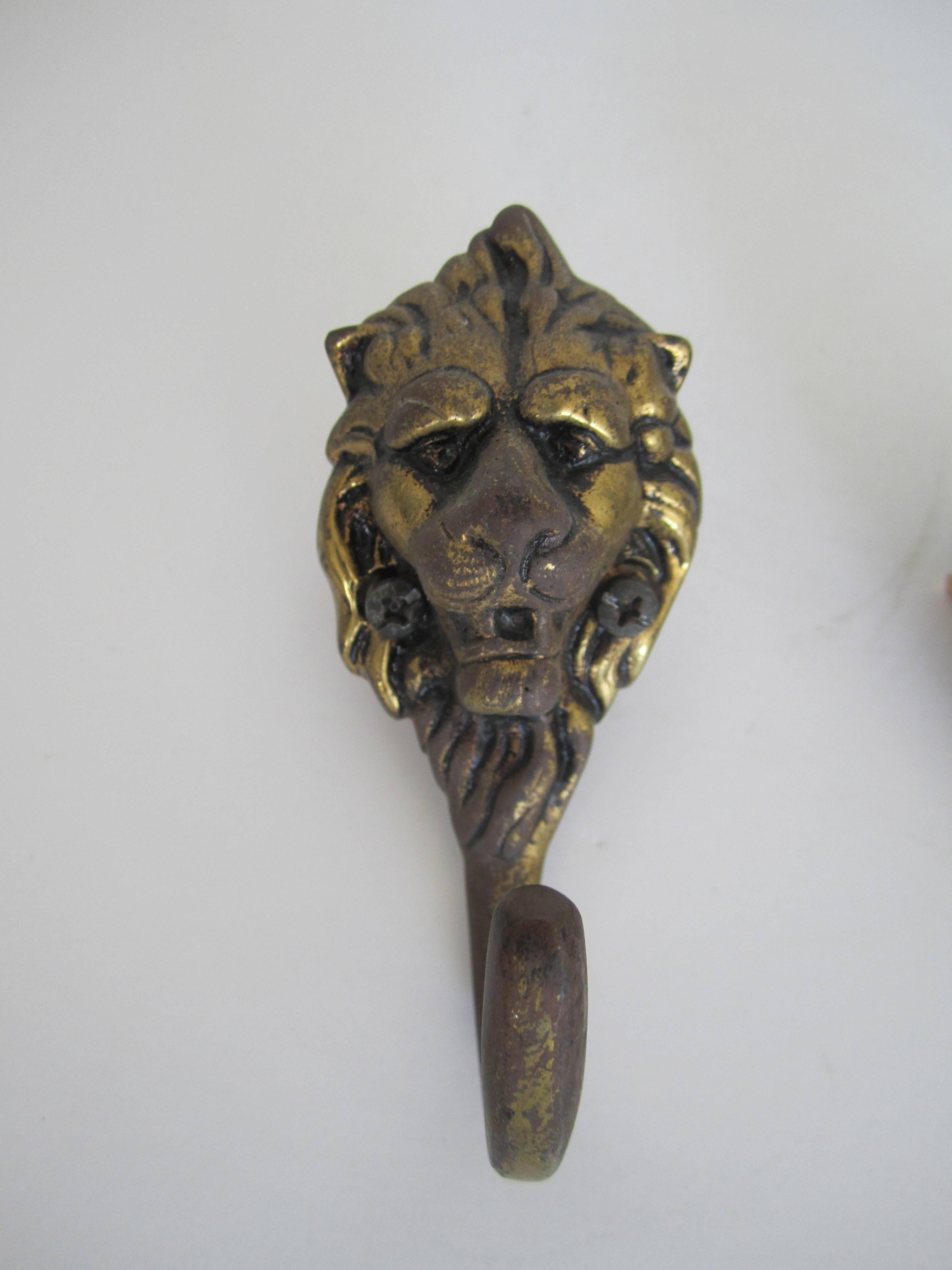 Vintage Pair of European Brass Lion Head Hardware Wall Hooks 4