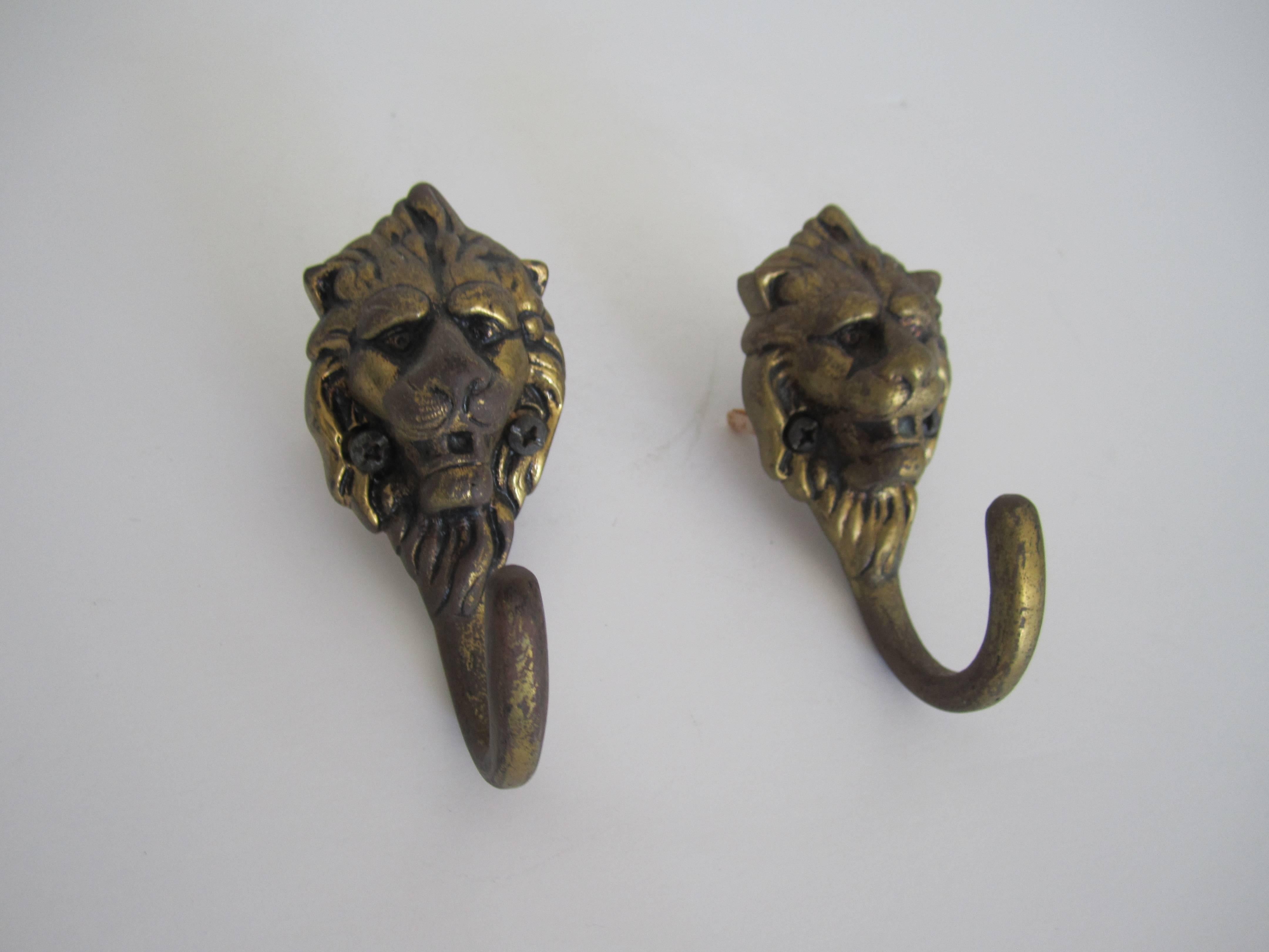Portuguese Vintage Pair of European Brass Lion Head Hardware Wall Hooks