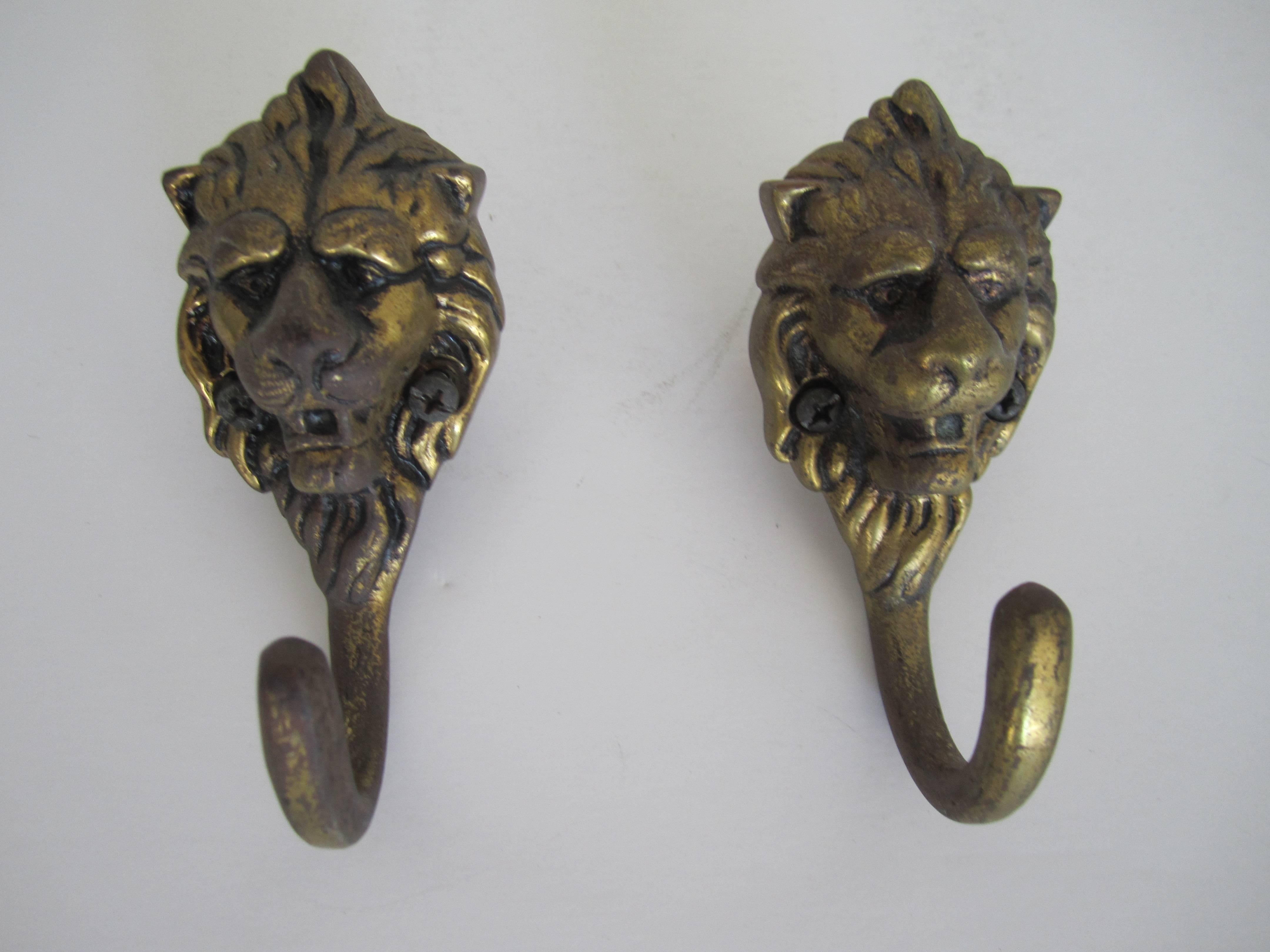 Vintage Pair of European Brass Lion Head Hardware Wall Hooks 1