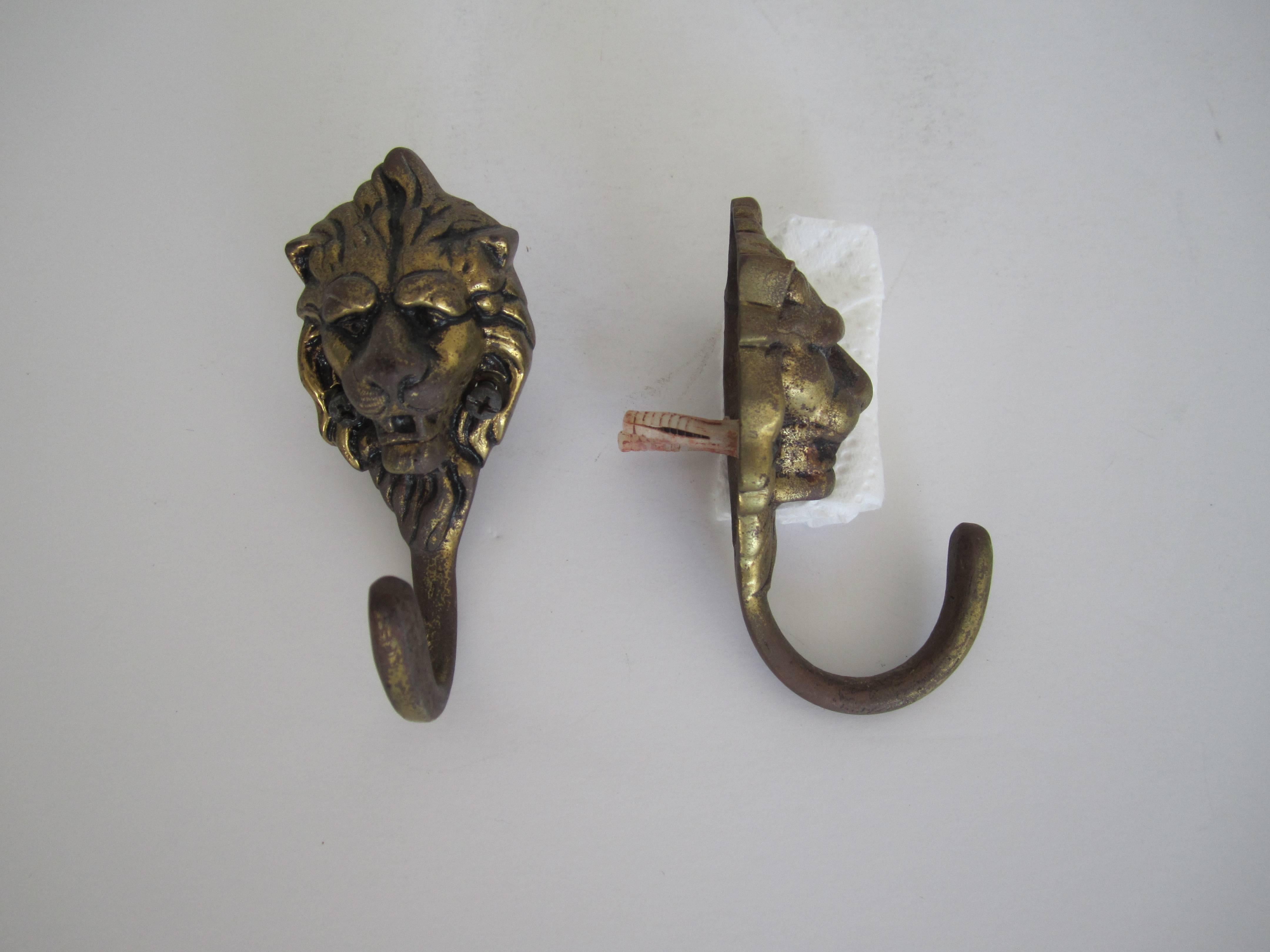 Vintage Pair of European Brass Lion Head Hardware Wall Hooks 2