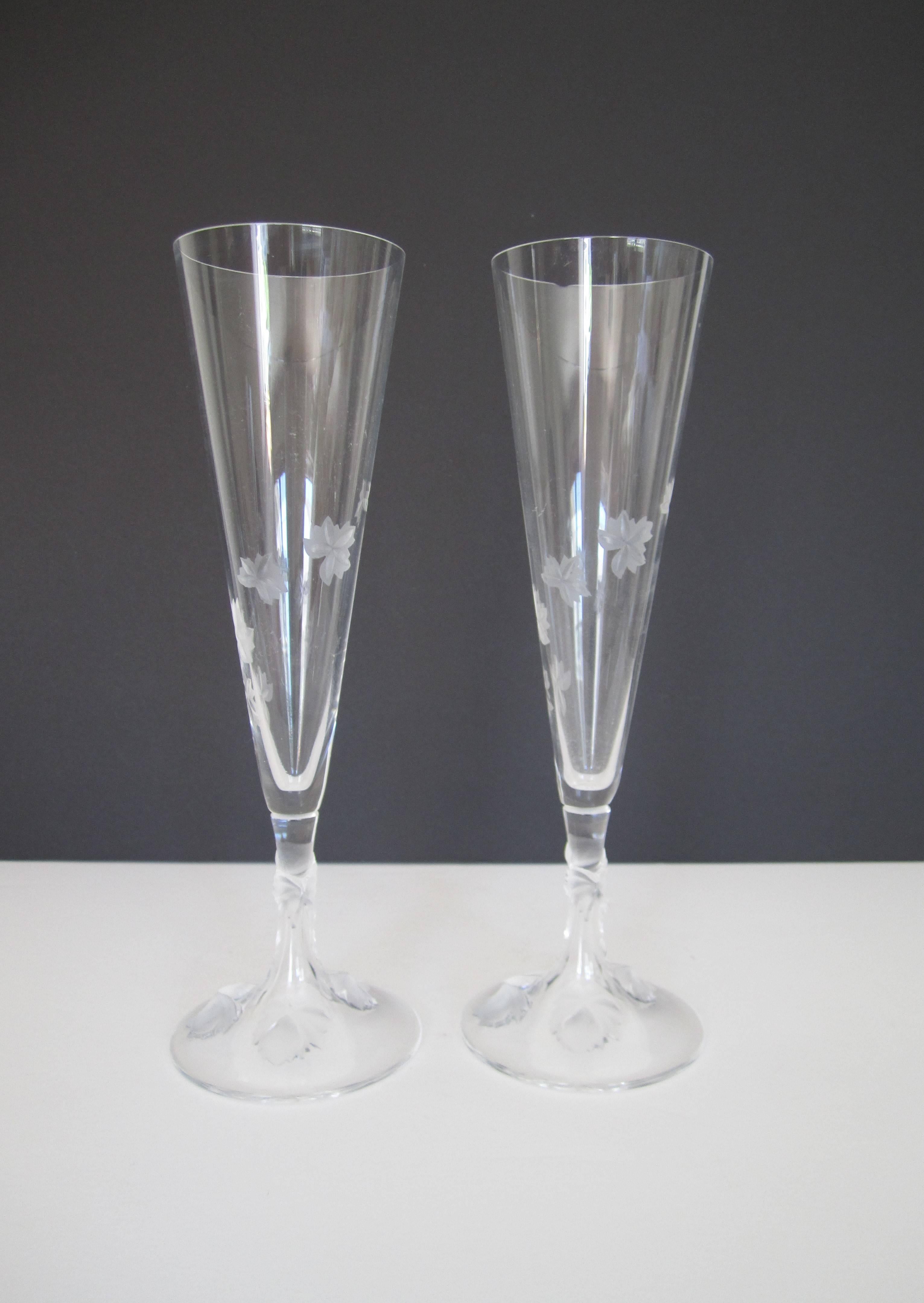 French Pair of Vintage Signed Lalique Champagne Flute Glasses