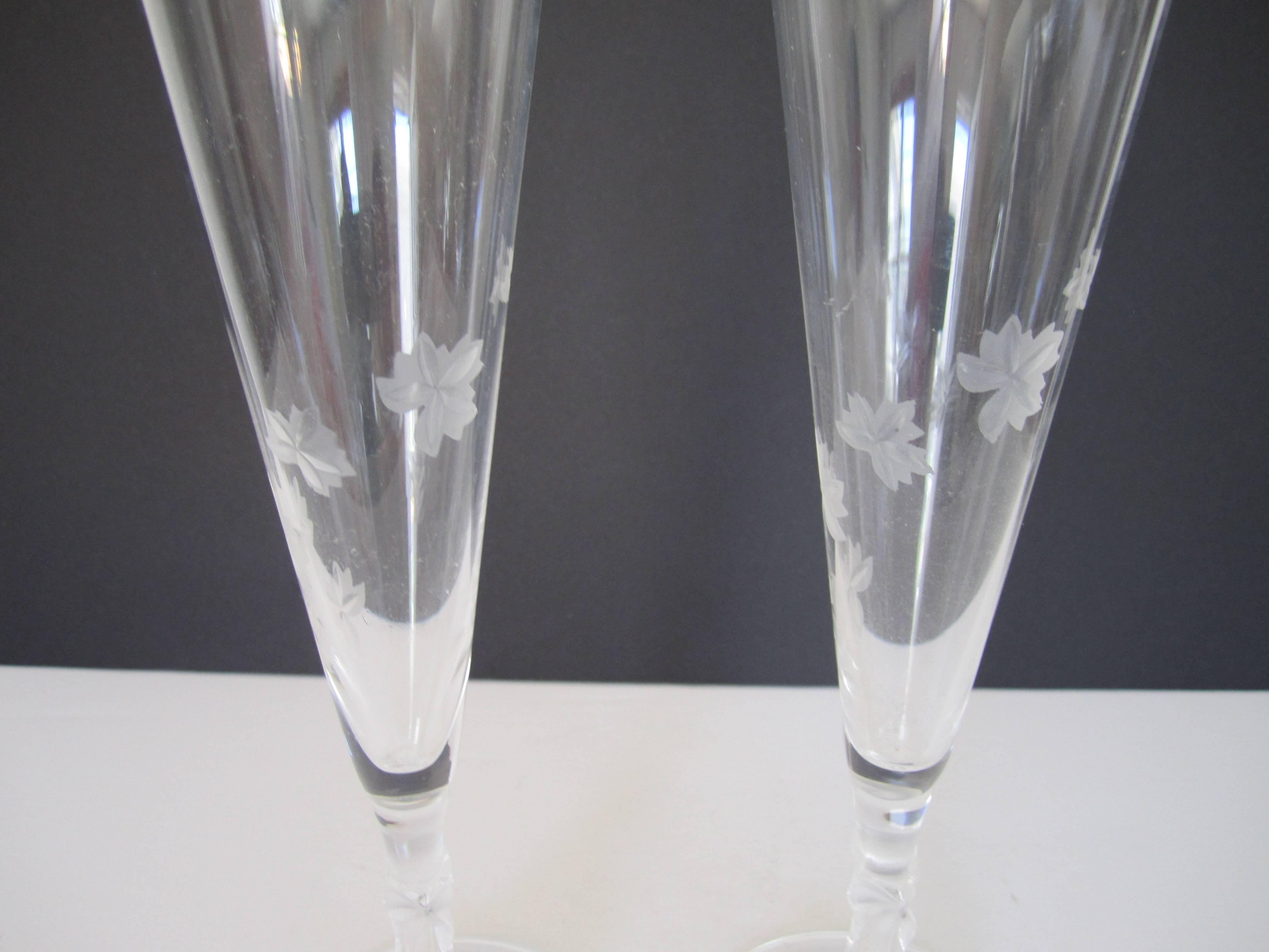 20th Century Pair of Vintage Signed Lalique Champagne Flute Glasses