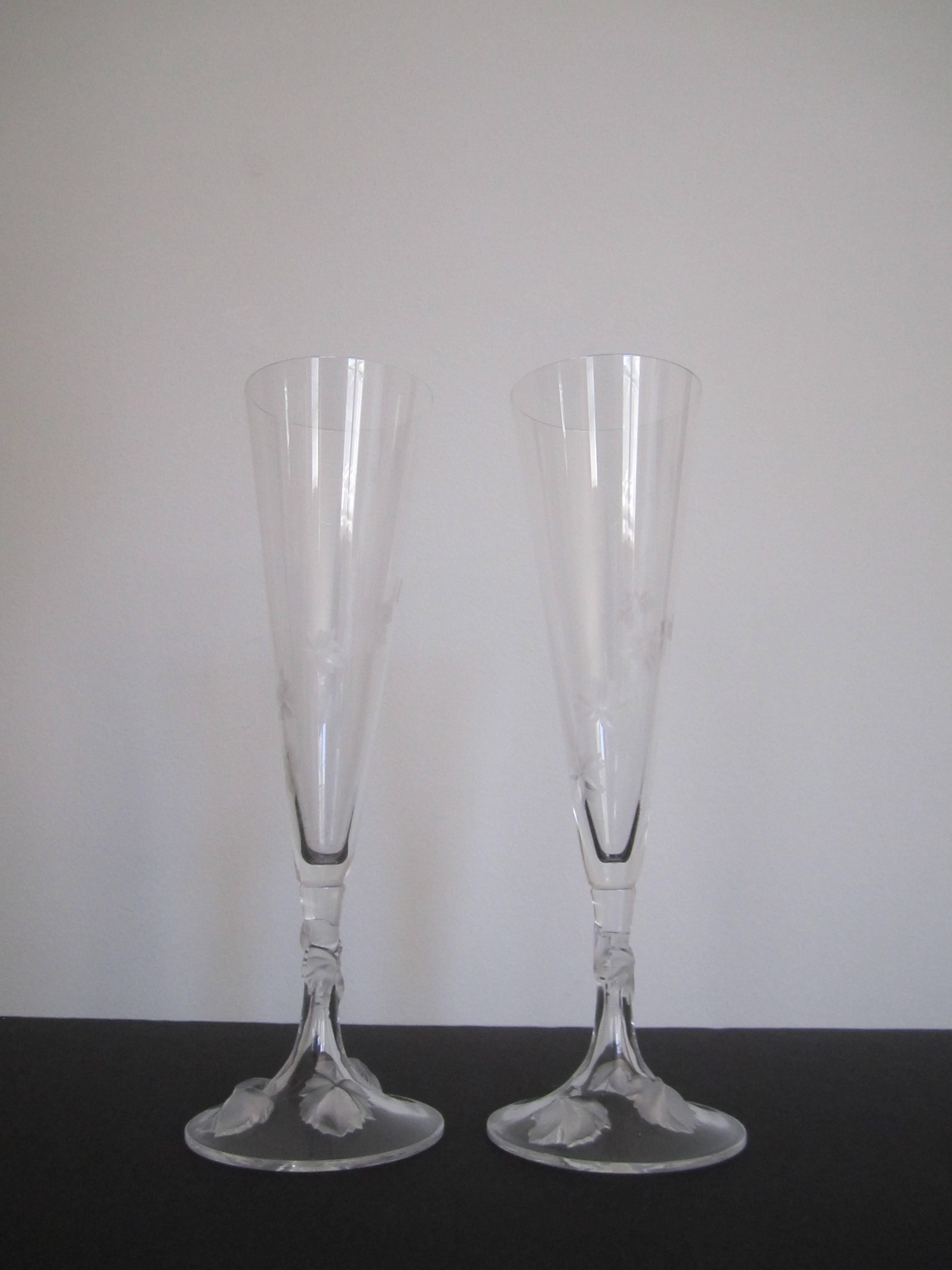 Crystal Pair of Vintage Signed Lalique Champagne Flute Glasses