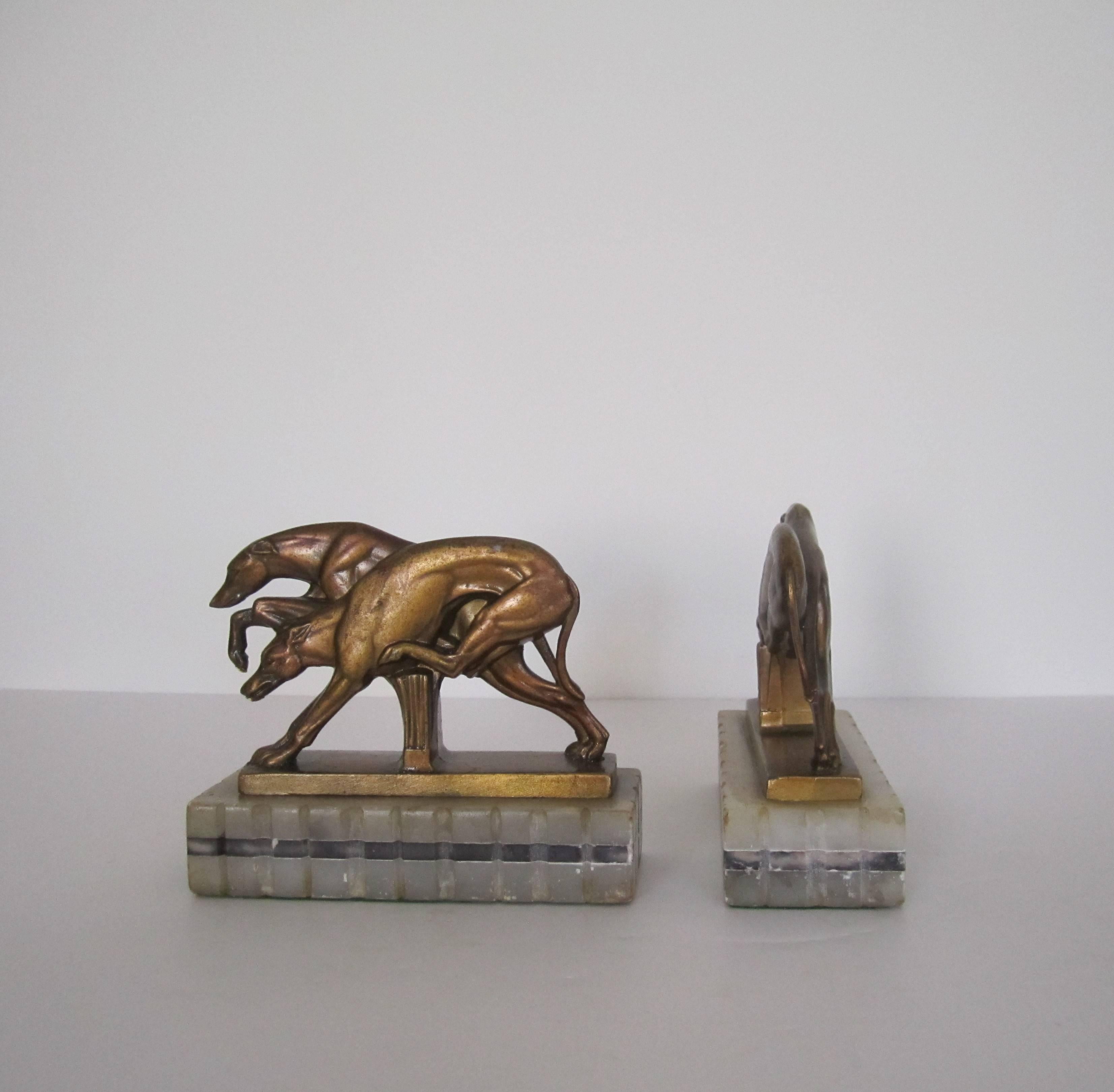 Vintage Art Deco Greyhound Dog Bookends on Black and White Marble Bases, 1920s 2