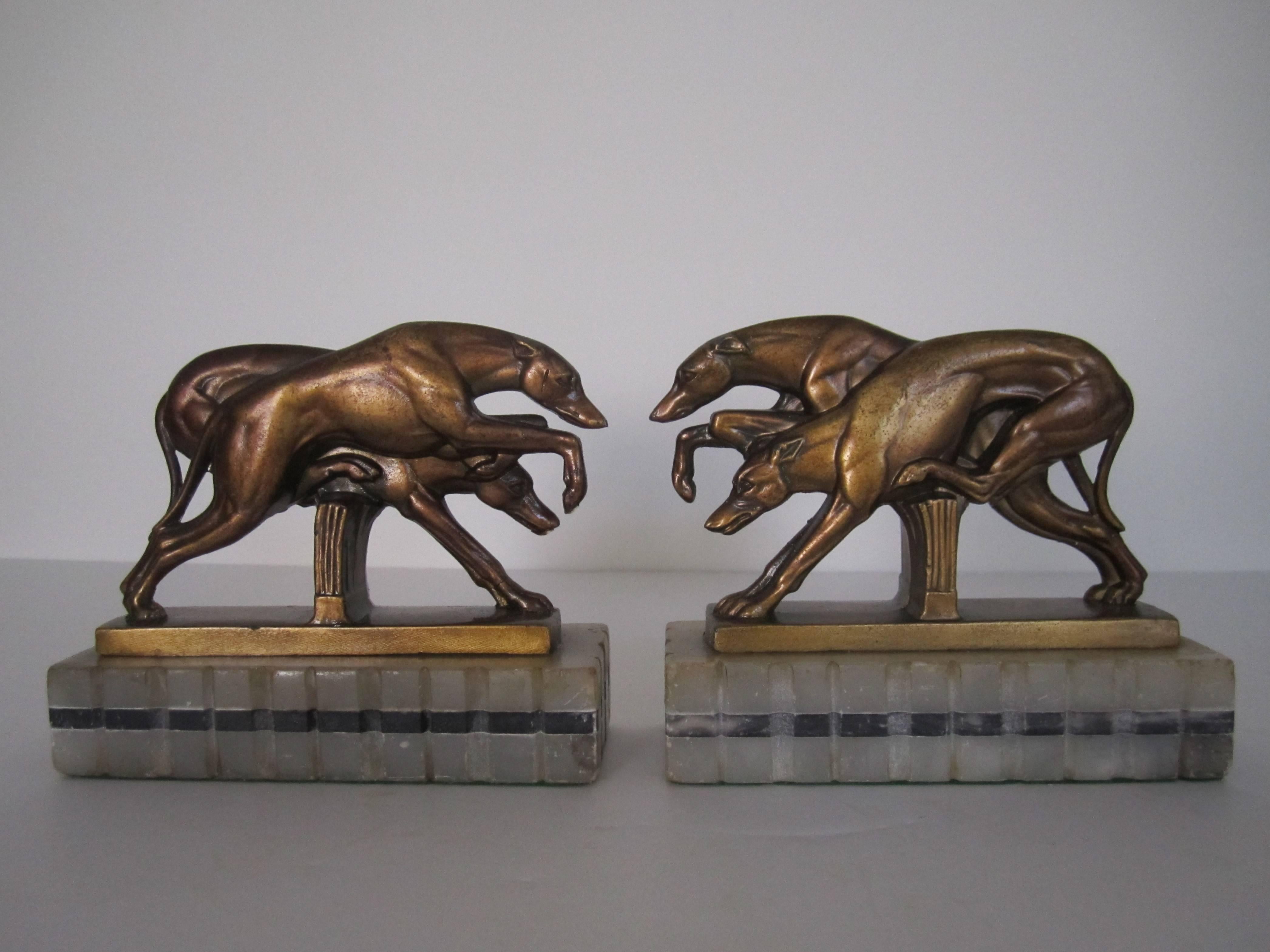 Vintage Art Deco Greyhound Dog Bookends on Black and White Marble Bases, 1920s 1