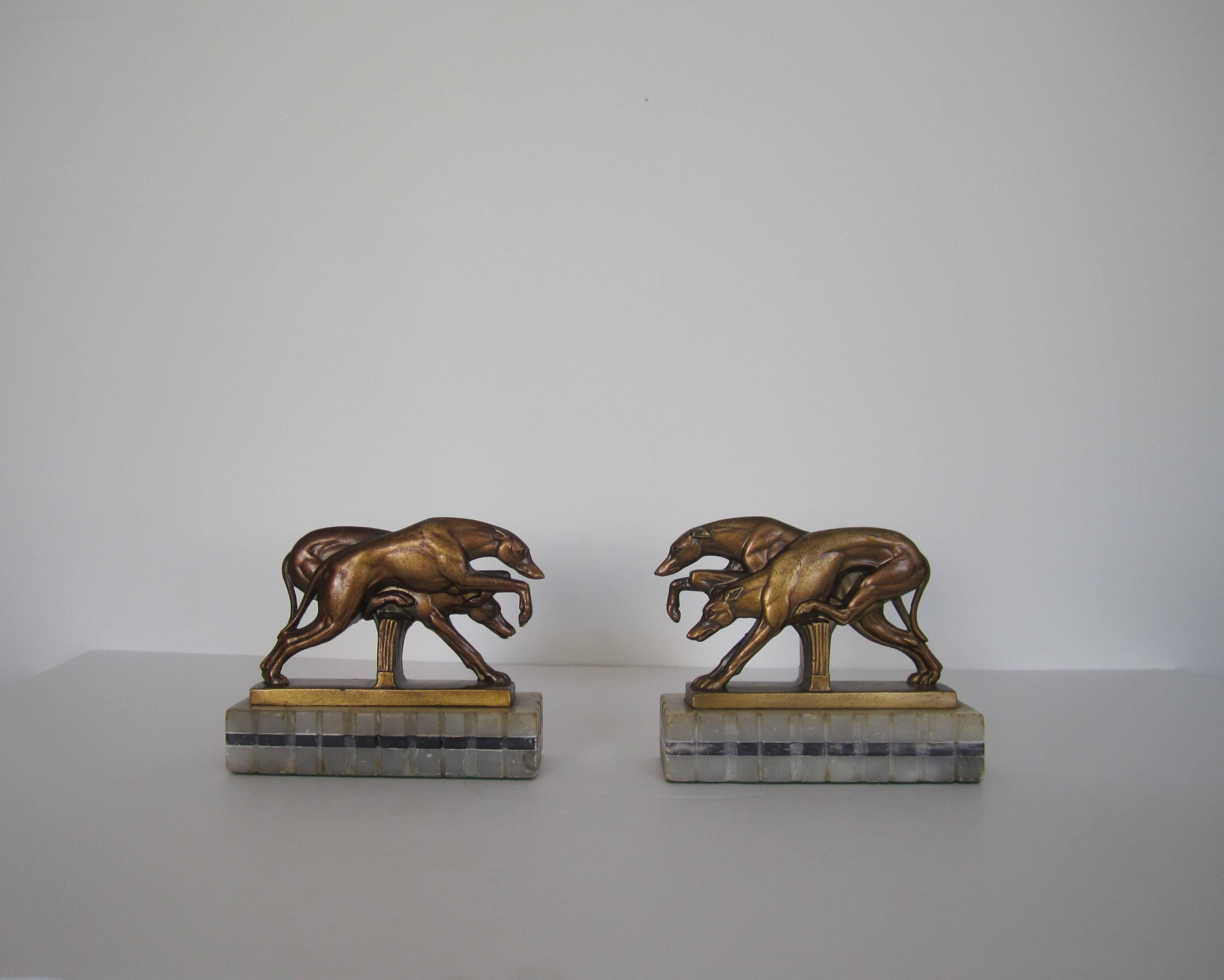 Plated Vintage Art Deco Greyhound Dog Bookends on Black and White Marble Bases, 1920s