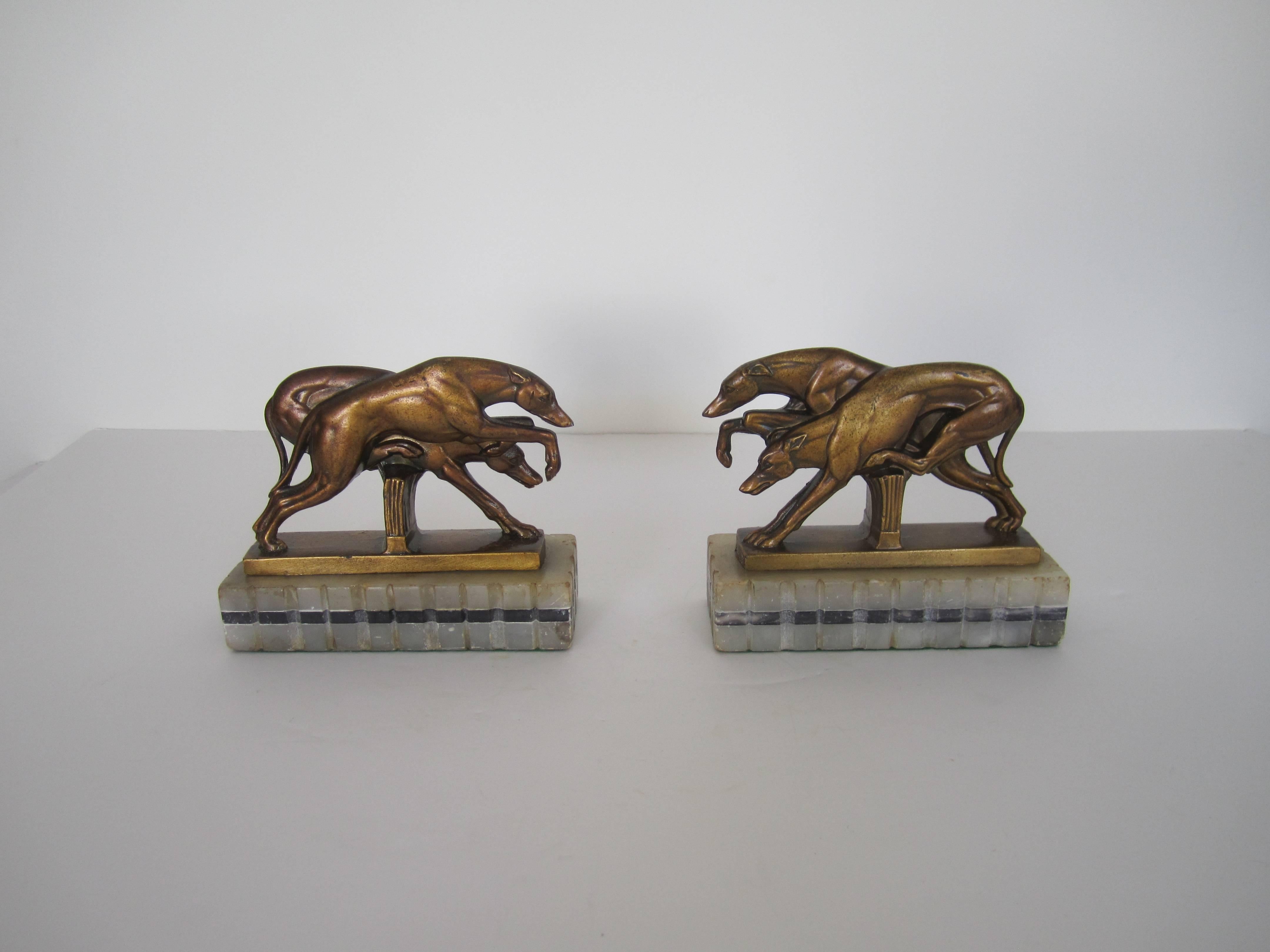 Early 20th Century Vintage Art Deco Greyhound Dog Bookends on Black and White Marble Bases, 1920s