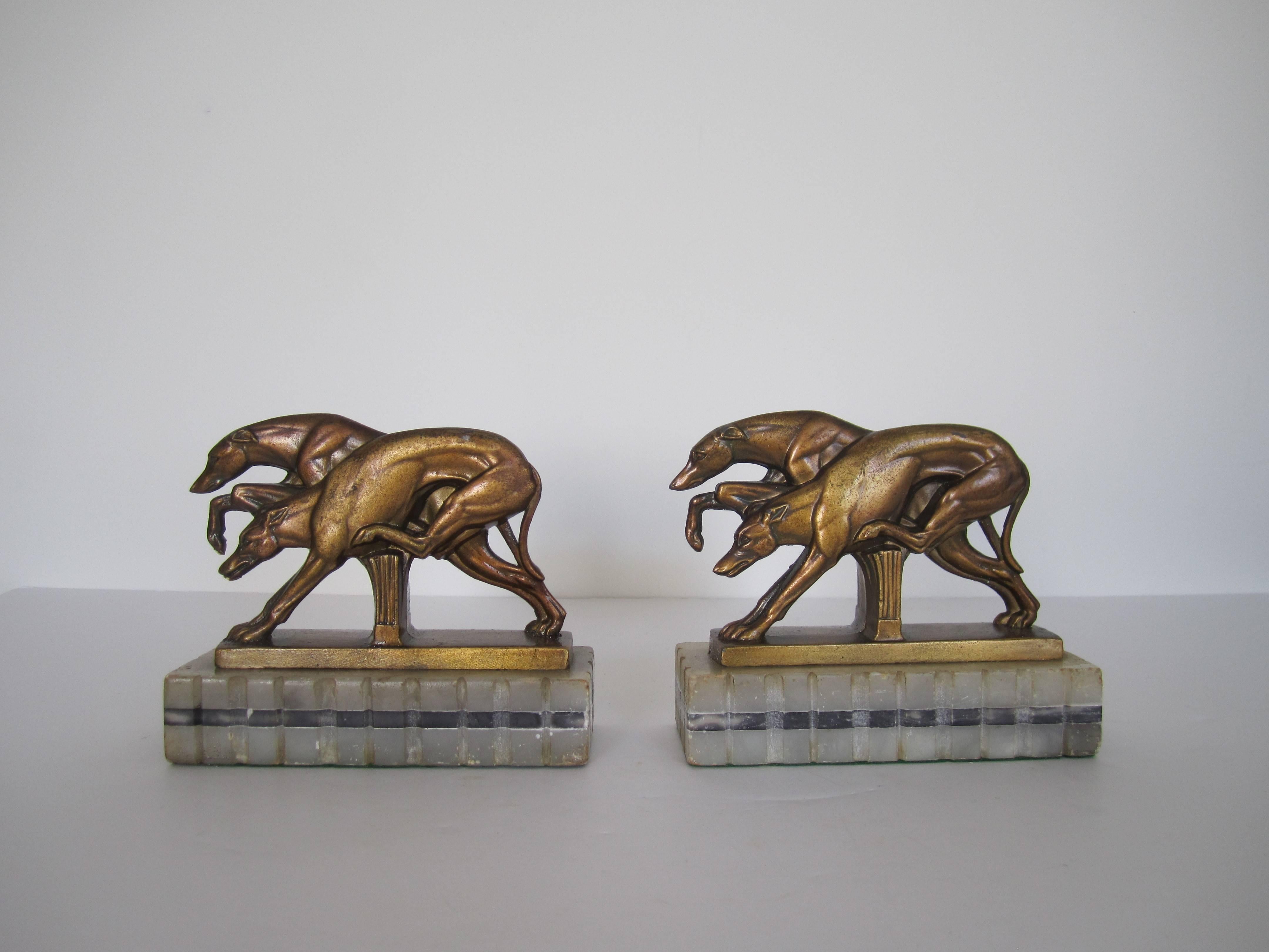 Vintage Art Deco Greyhound Dog Bookends on Black and White Marble Bases, 1920s 4