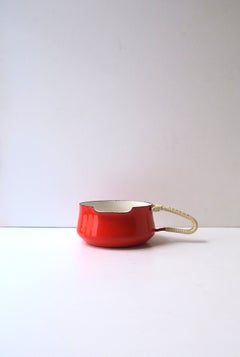 Danish Scandinavian Modern Enamel and Wicker Handle Pitcher Pot Dansk
