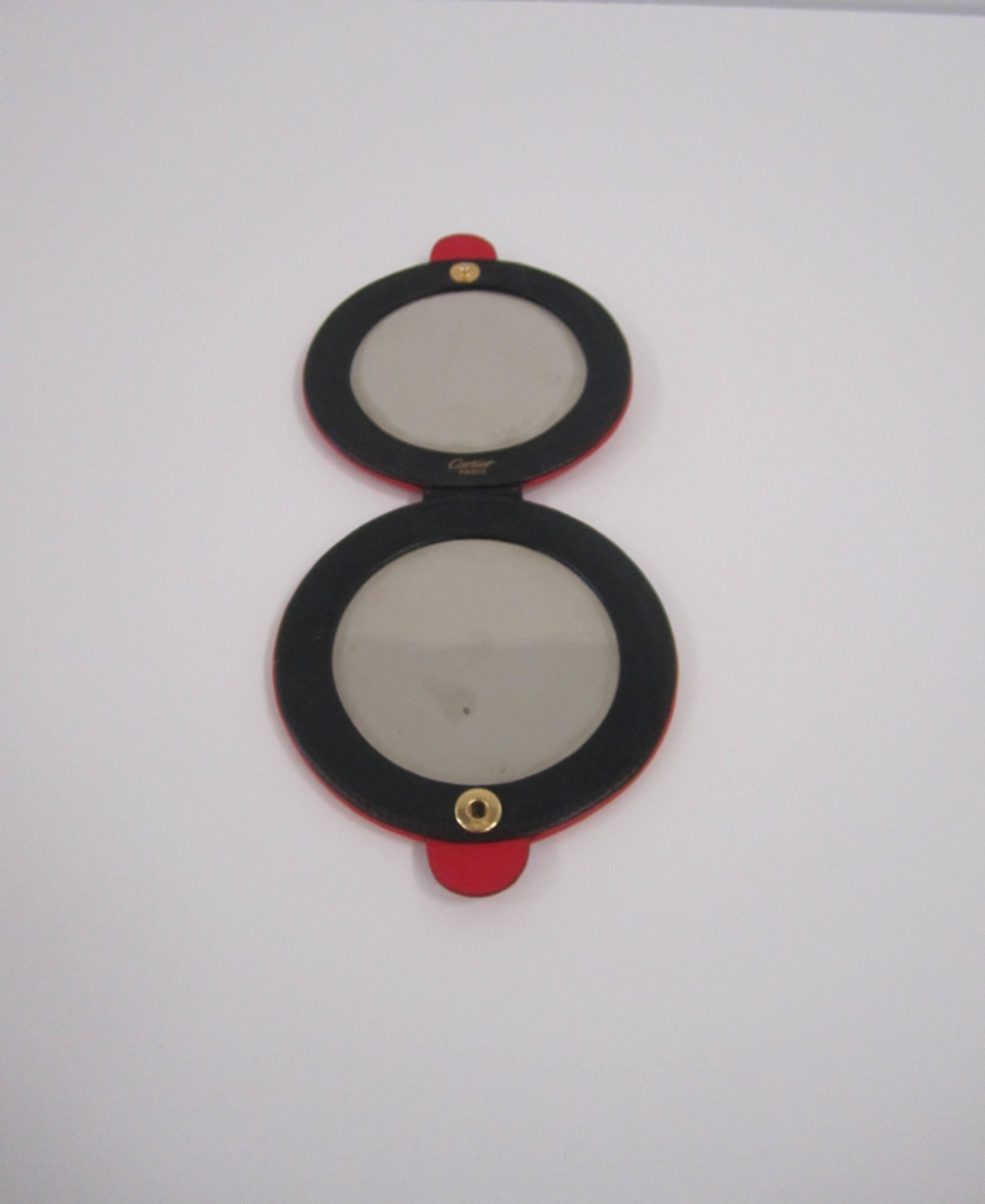 French Vintage Red Leather Cartier Compact Mirror, Paris