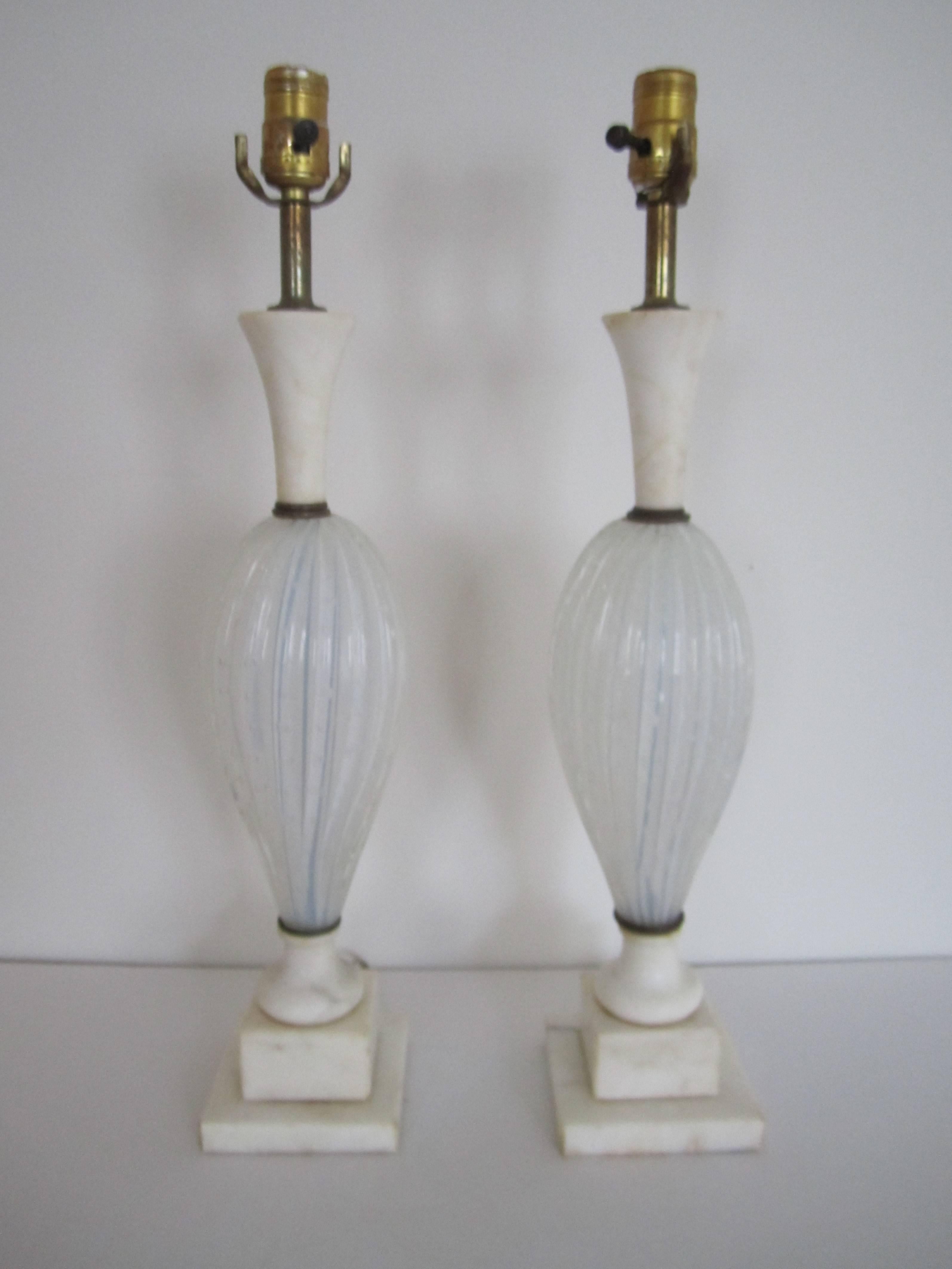 Mid-Century Modern Italian Seguso White Murano Art Glass and Marble Table Lamps, Pair