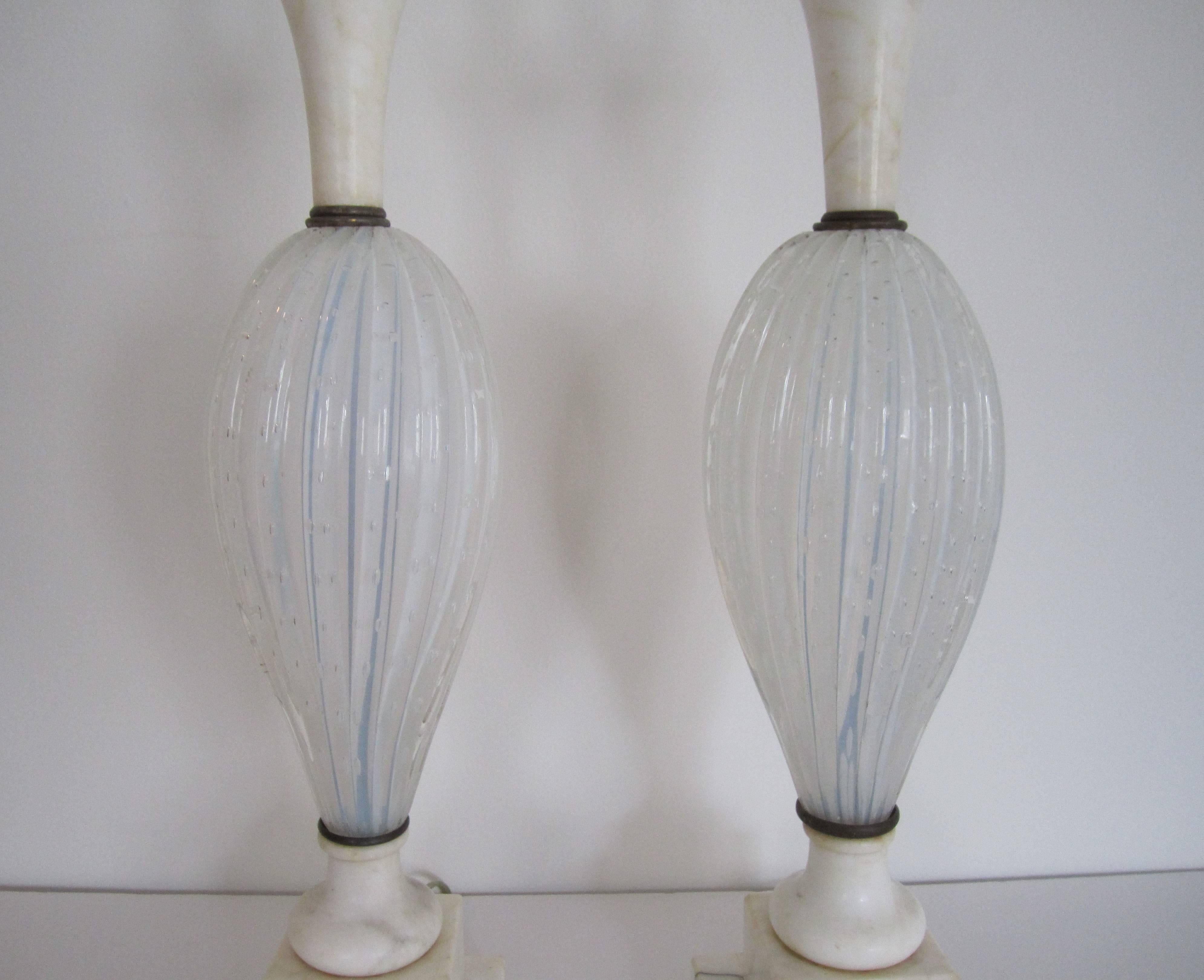 Italian Seguso White Murano Art Glass and Marble Table Lamps, Pair In Good Condition In New York, NY