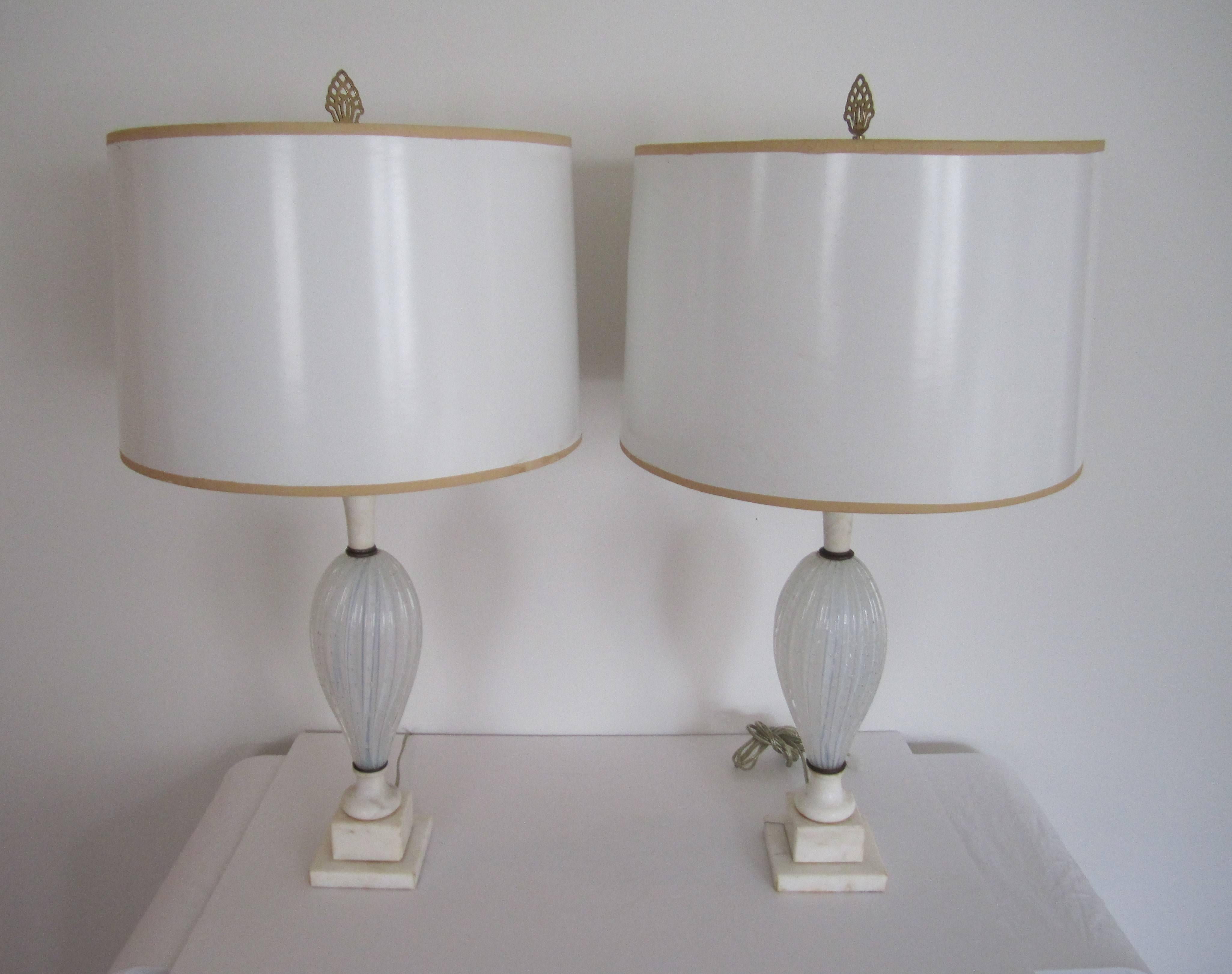 Mid-20th Century Italian Seguso White Murano Art Glass and Marble Table Lamps, Pair