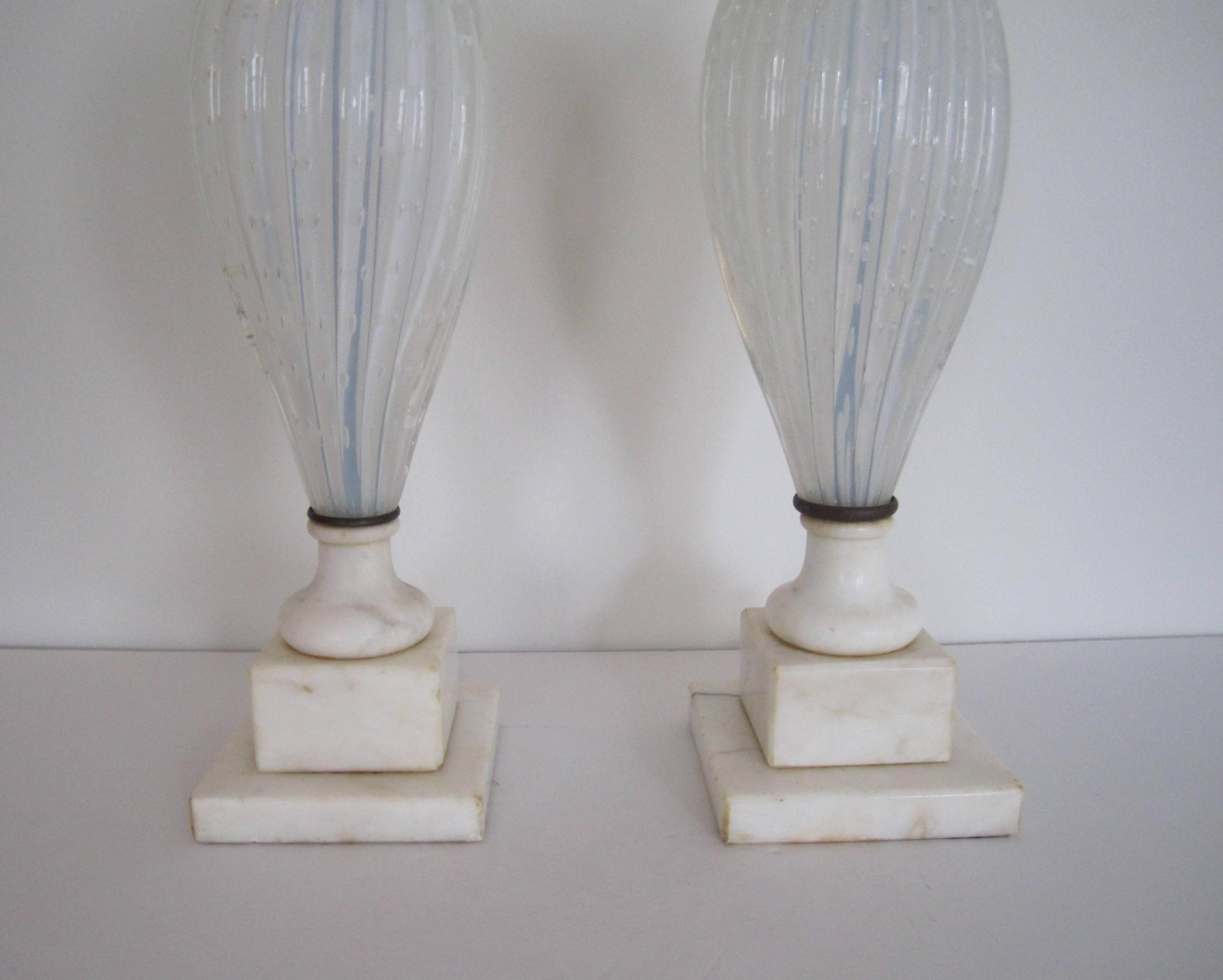 Italian Seguso White Murano Art Glass and Marble Table Lamps, Pair 2