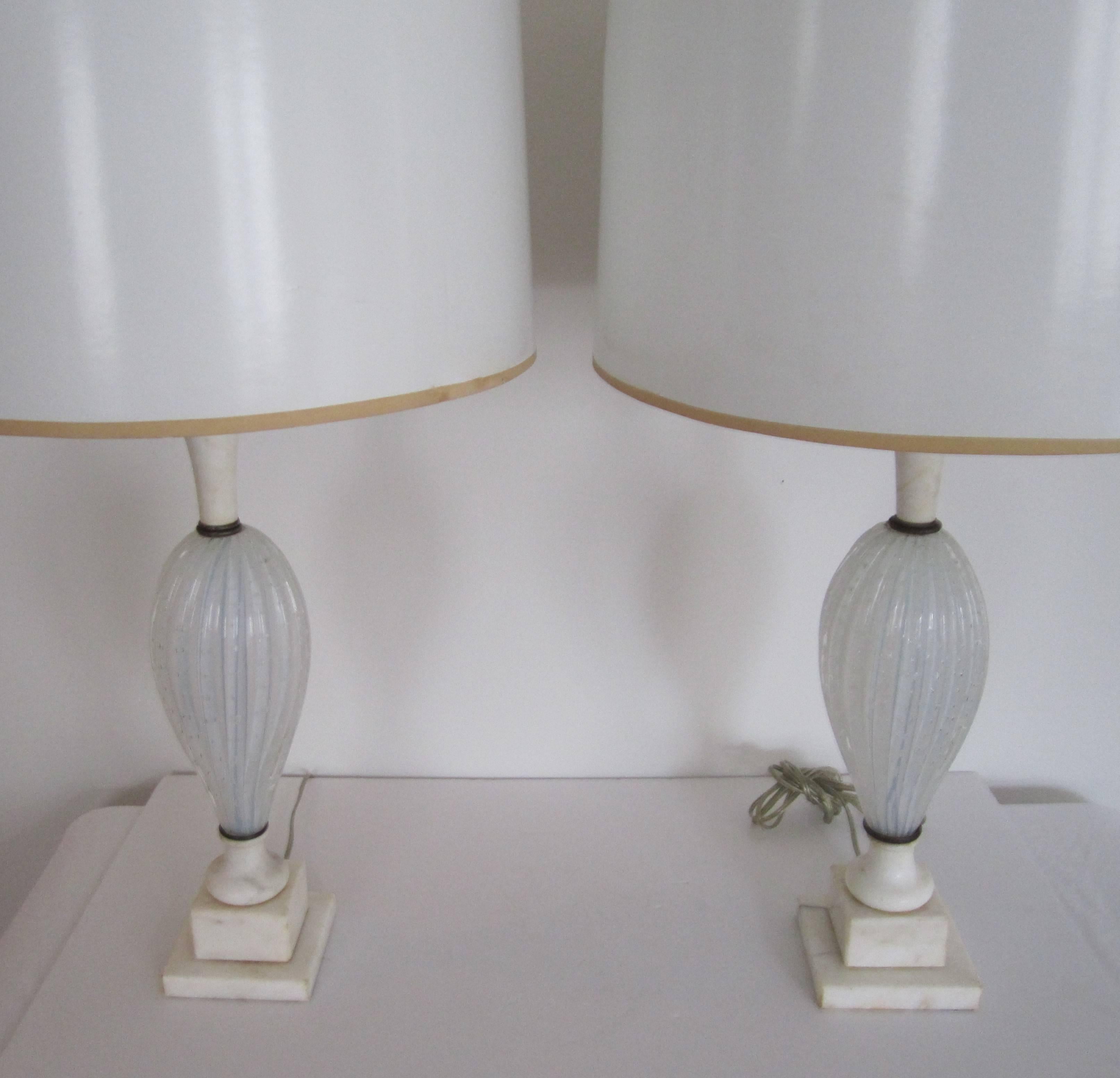 Italian Seguso White Murano Art Glass and Marble Table Lamps, Pair 3