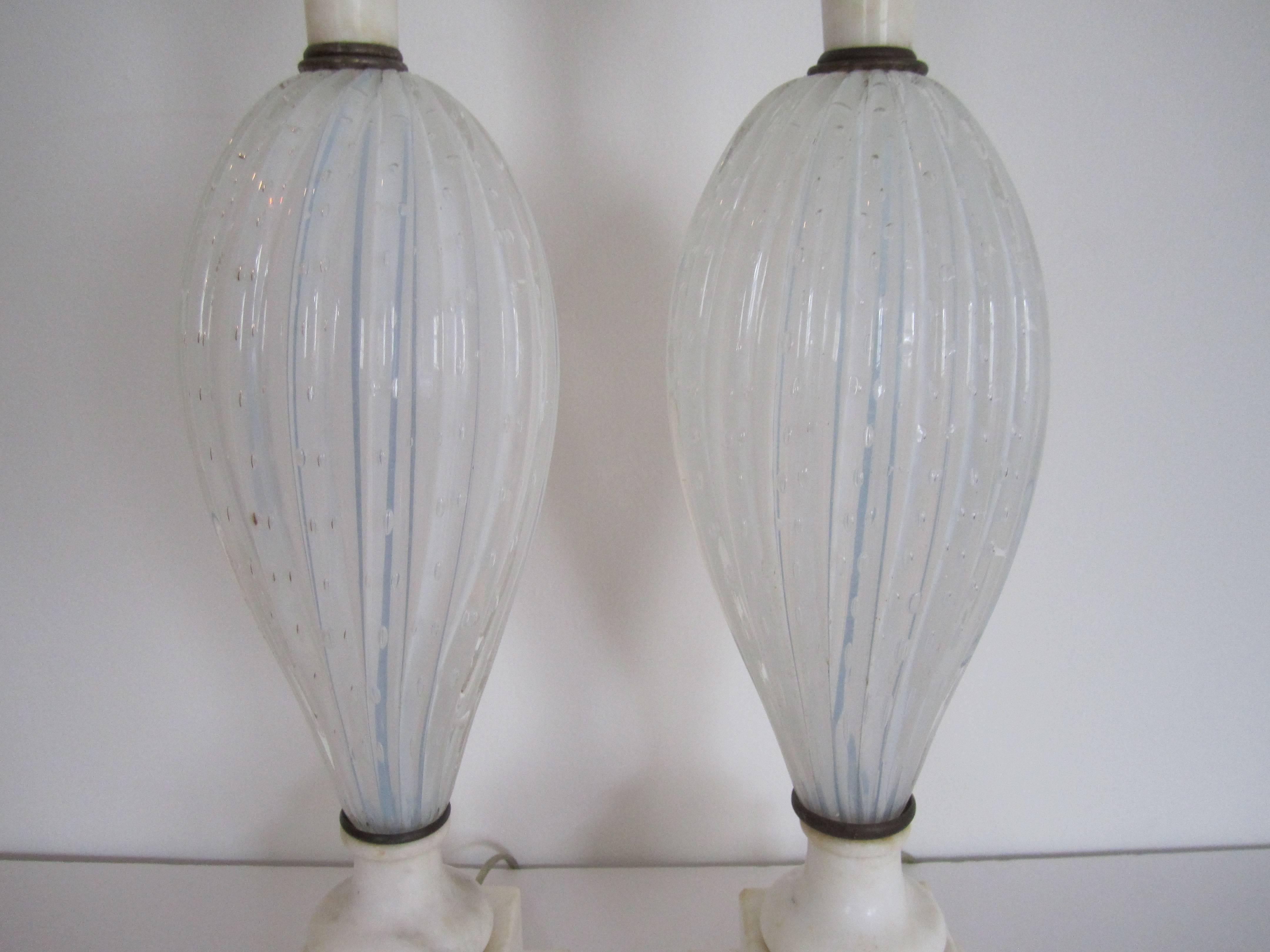 Italian Seguso White Murano Art Glass and Marble Table Lamps, Pair 4