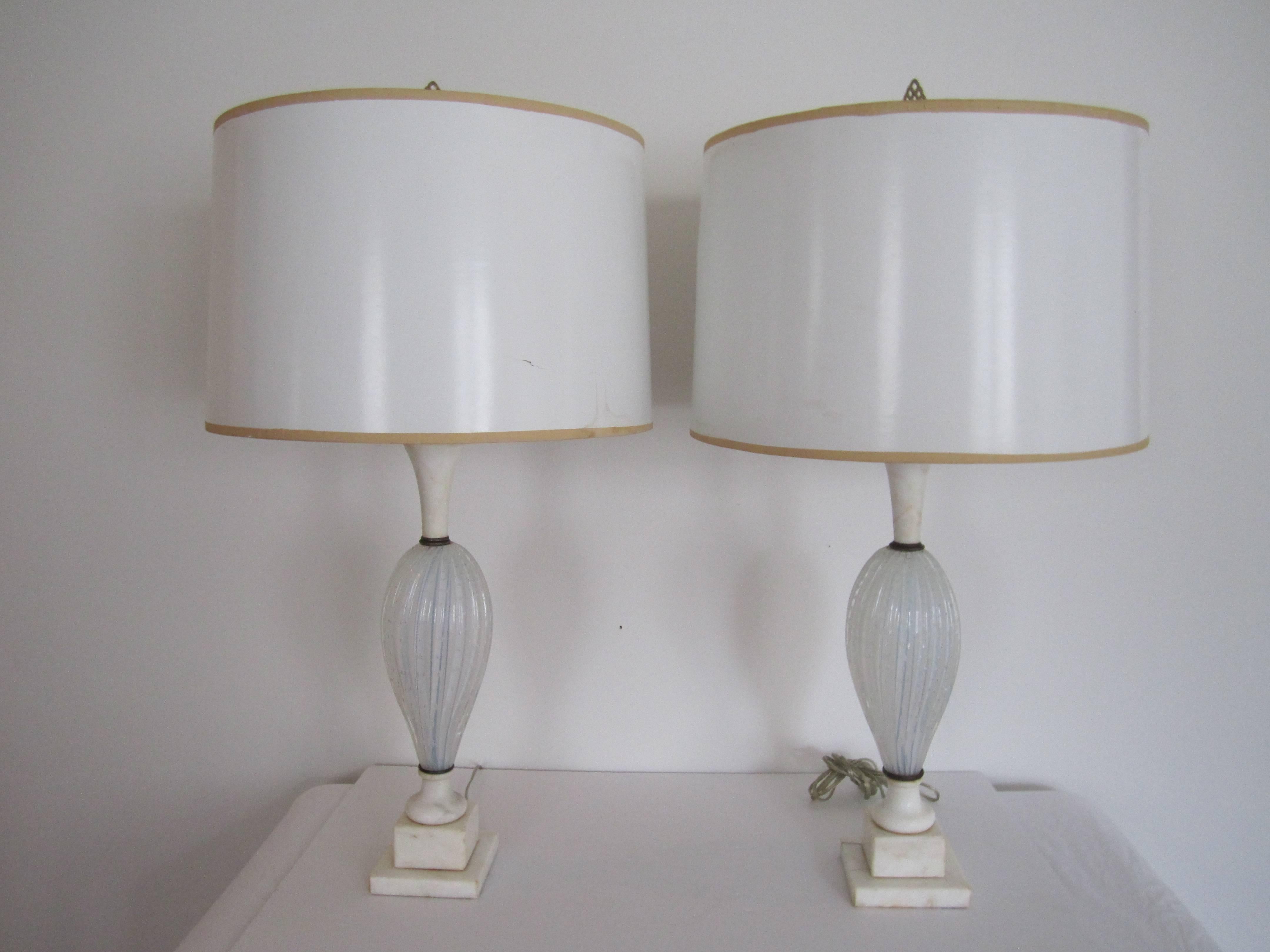 Italian Seguso White Murano Art Glass and Marble Table Lamps, Pair 5