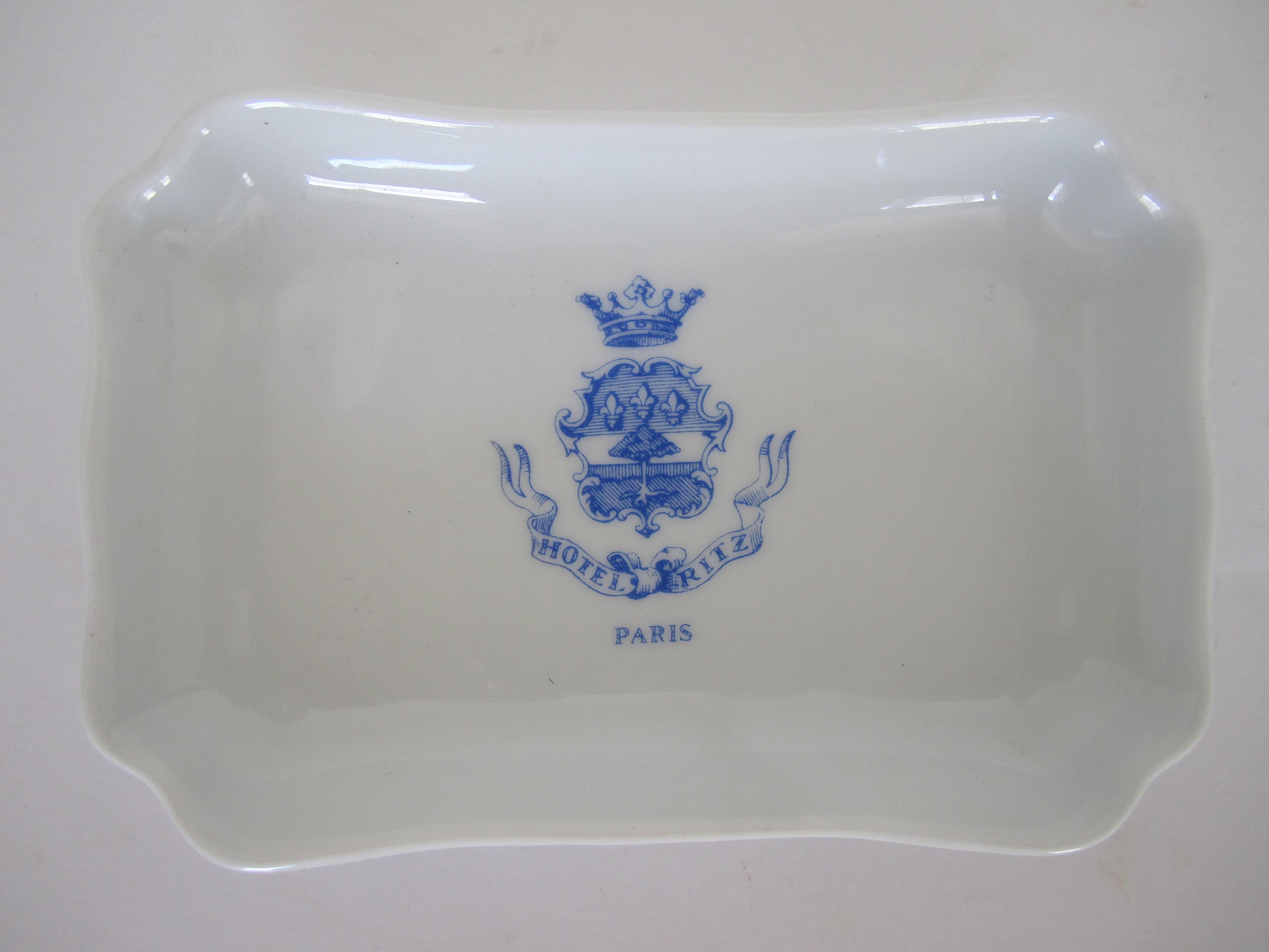 A small rectangular vintage French Limoges white and blue porcelain dish from the Hotel Ritz Paris. With maker's mark on bottom as shown in image. Made by Limoges, France.