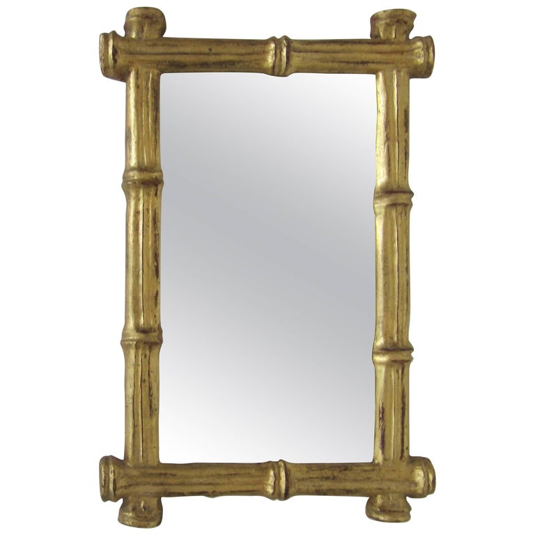 Small Vintage Italian Gold Giltwood 'Bamboo' Framed Wall Mirror For