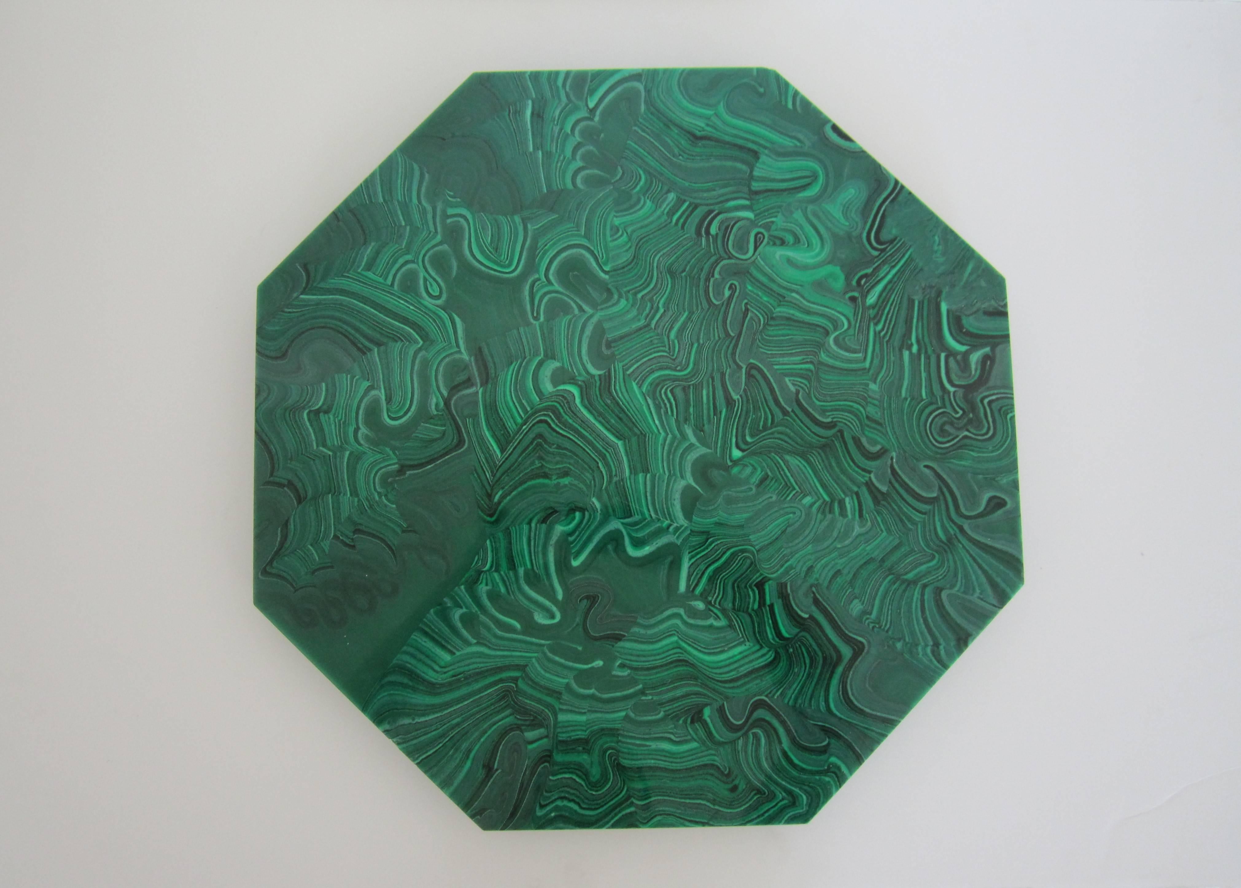 A beautiful and striking vintage Post-Modern octagonal green resin malachite style 'Lazy-Susan'. Circa 1980s. Piece is solid, approximately 1.25 inches thick, and spins 360 degrees. 

Item available here online. By request, item can be made