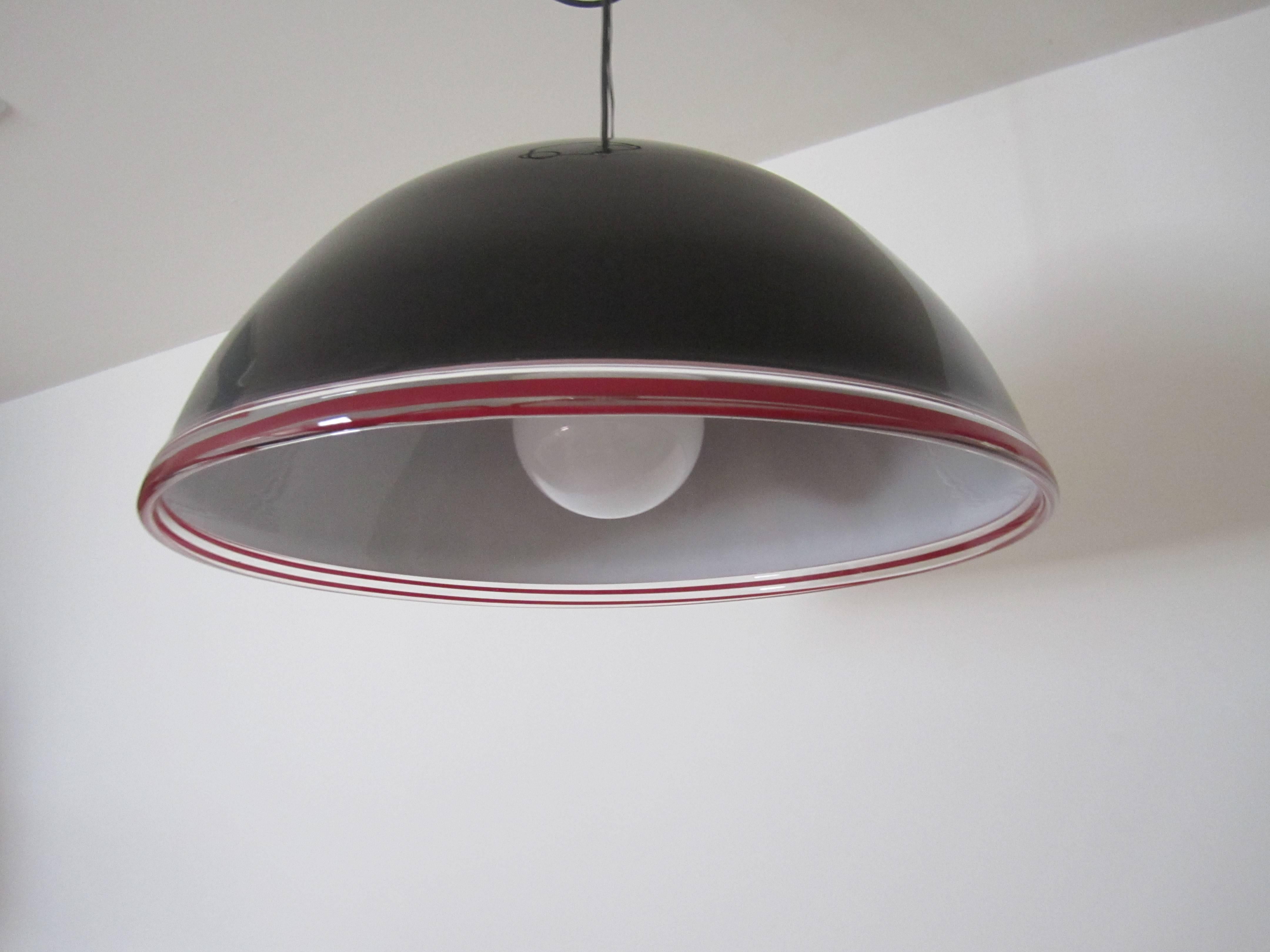 Brass Italian Murano Black Art Glass Dome Chandelier Pendant Light, Large For Sale
