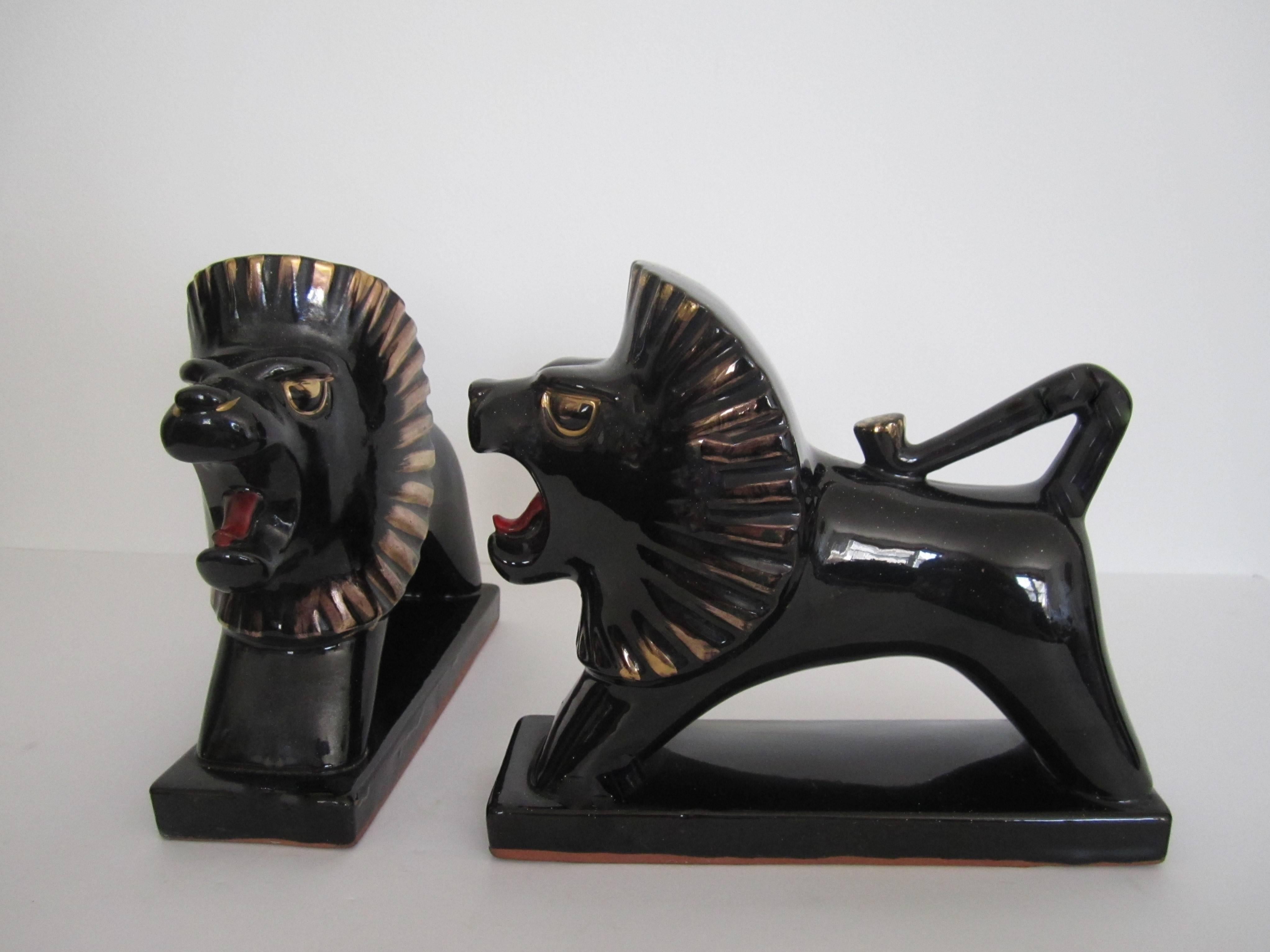 Japanese Art Deco Black and Gold Lion Bookends or Decorative Objects, Pair