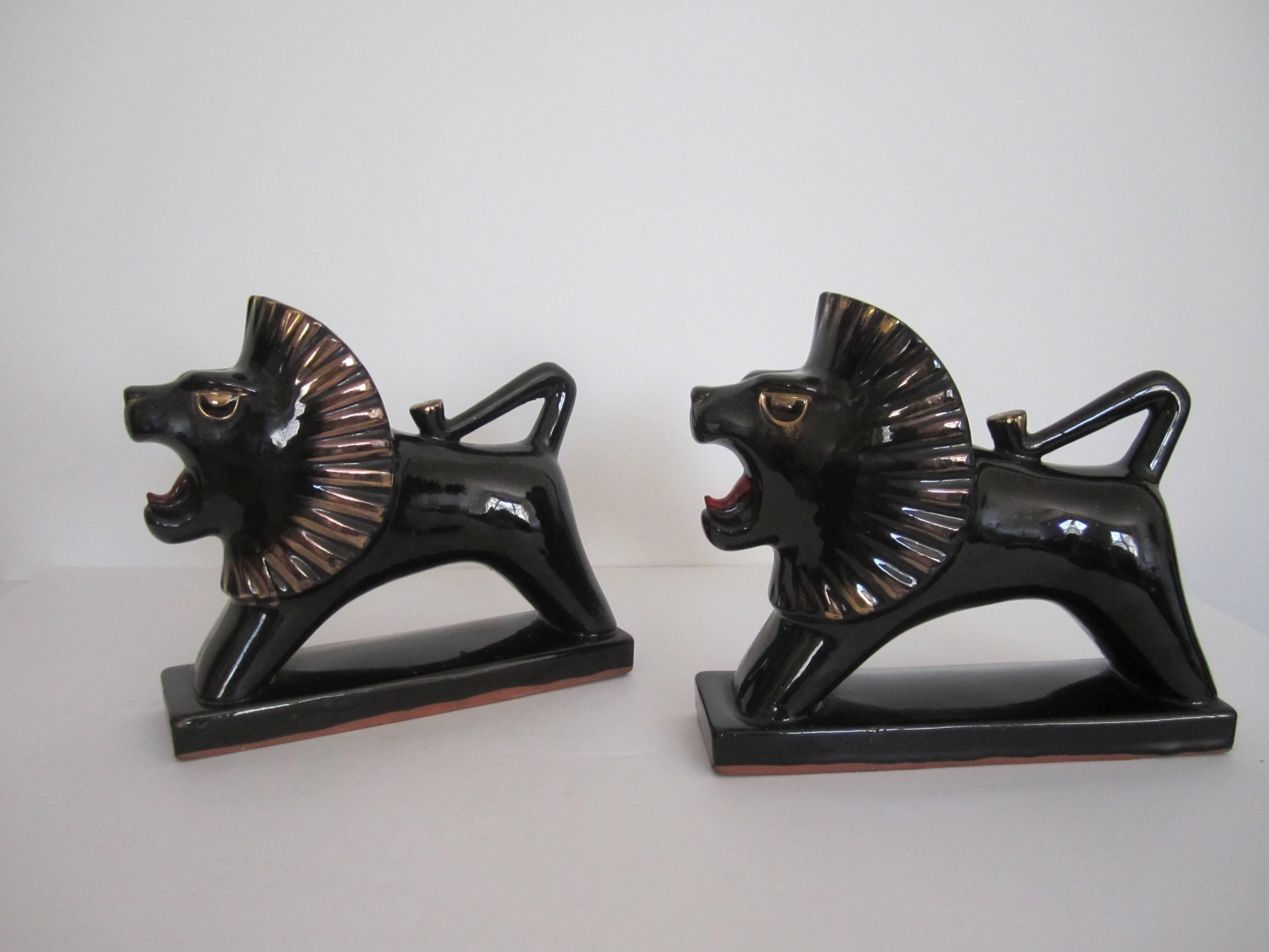20th Century Art Deco Black and Gold Lion Bookends or Decorative Objects, Pair
