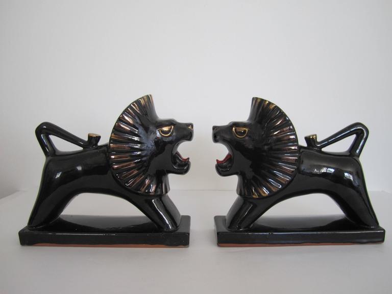 Art Deco Black and Gold Lion Bookends or Decorative Objects, Pair at