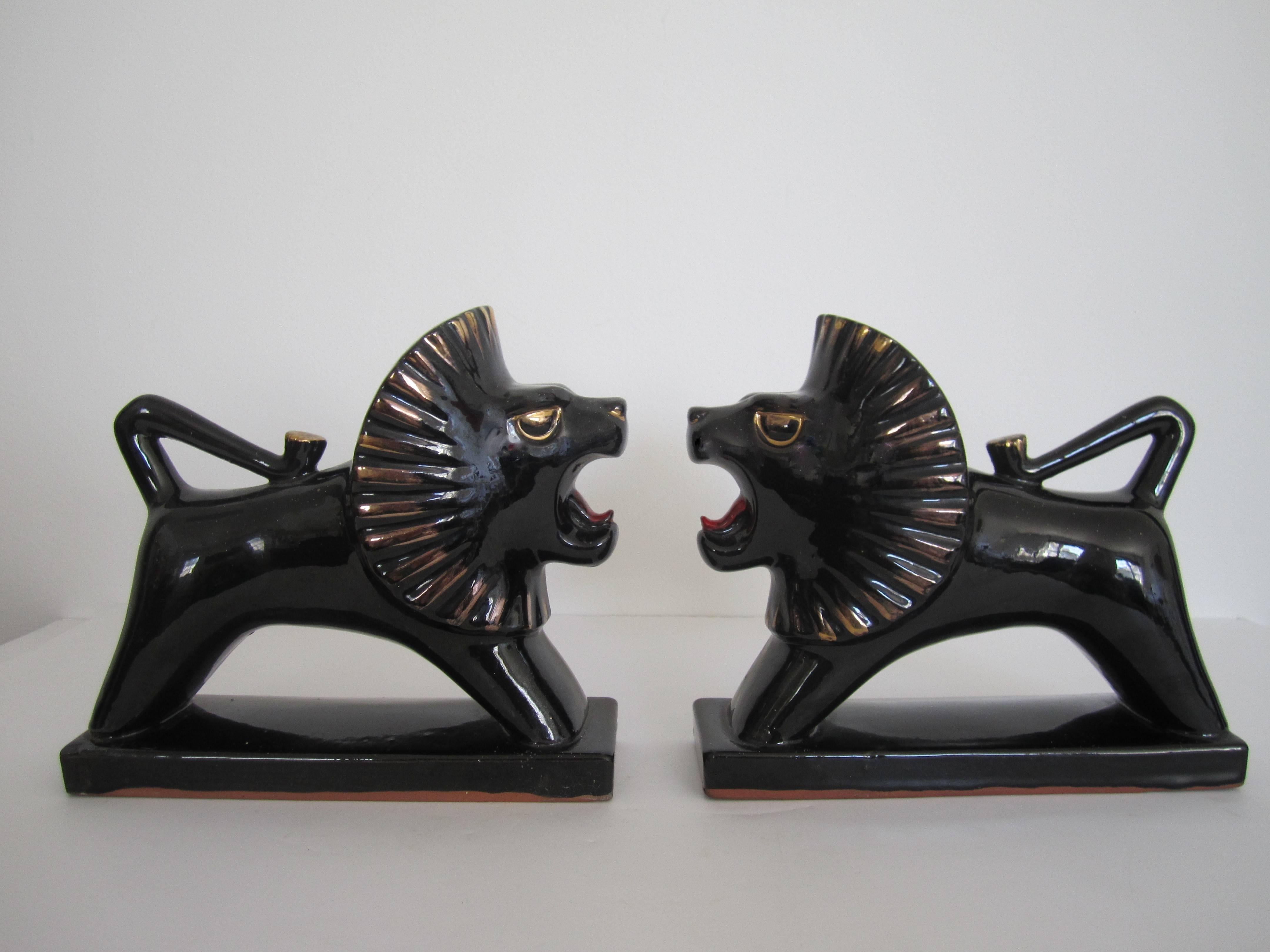 Terracotta Art Deco Black and Gold Lion Bookends or Decorative Objects, Pair